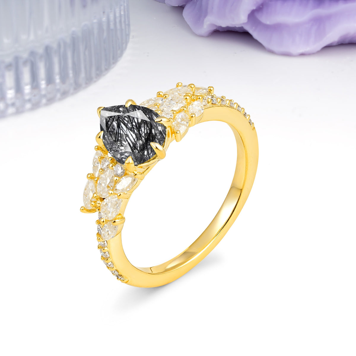 Luxurious Pavé-Set Diamonds, Unique 6-Prong Pear Cut Black Rutilated Quartz Engagement Ring - Additional view