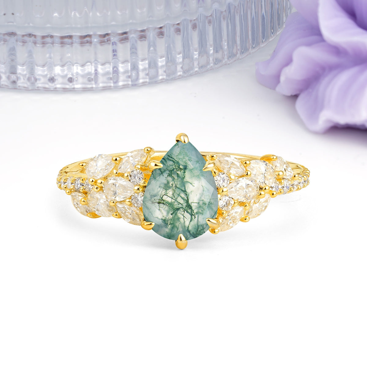 Luxurious Pavé-Set Diamonds, Unique 6-Prong Pear Cut Moss Agate Engagement Ring - Additional view