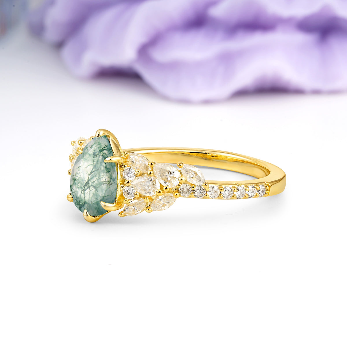 Luxurious Pavé-Set Diamonds, Unique 6-Prong Pear Cut Moss Agate Engagement Ring - Additional view