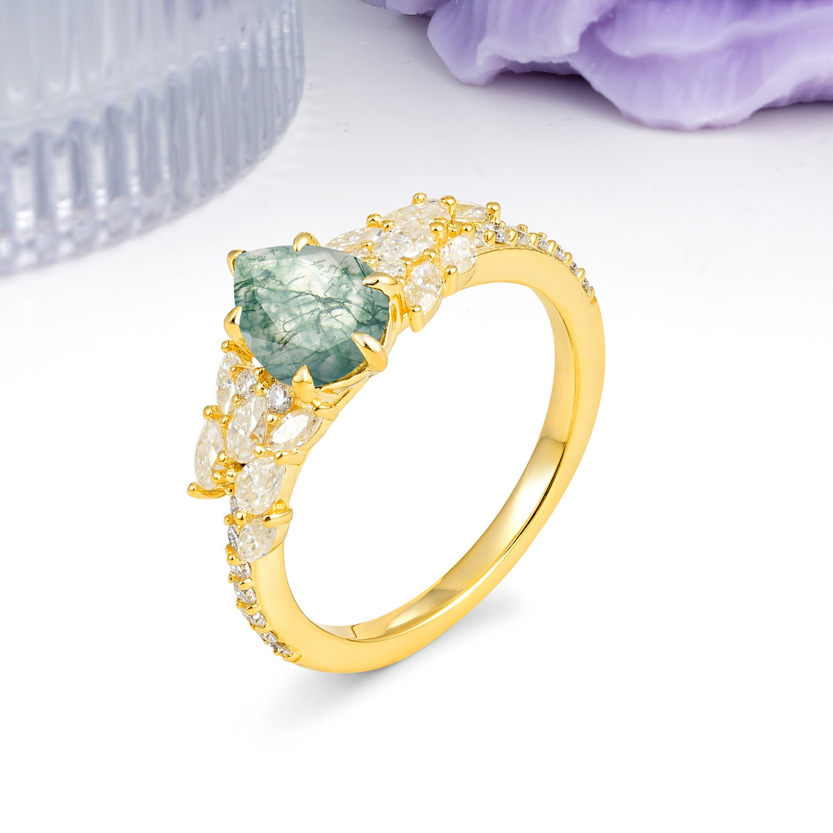 Luxurious Pavé-Set Diamonds, Unique 6-Prong Pear Cut Moss Agate Engagement Ring - Additional view