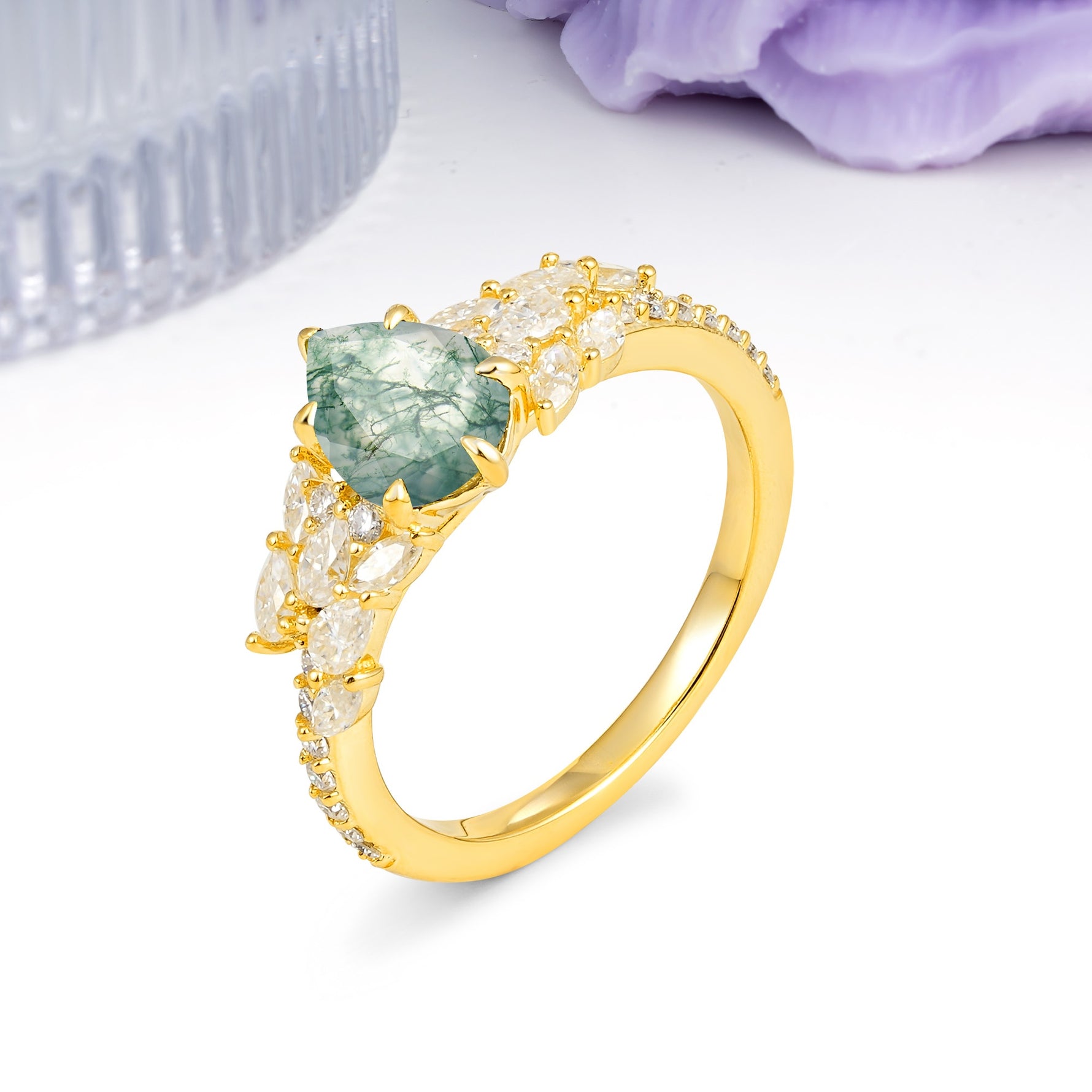 Luxurious Pavé-Set Diamonds, Unique 6-Prong Pear Cut Moss Agate Engagement Ring - Additional view