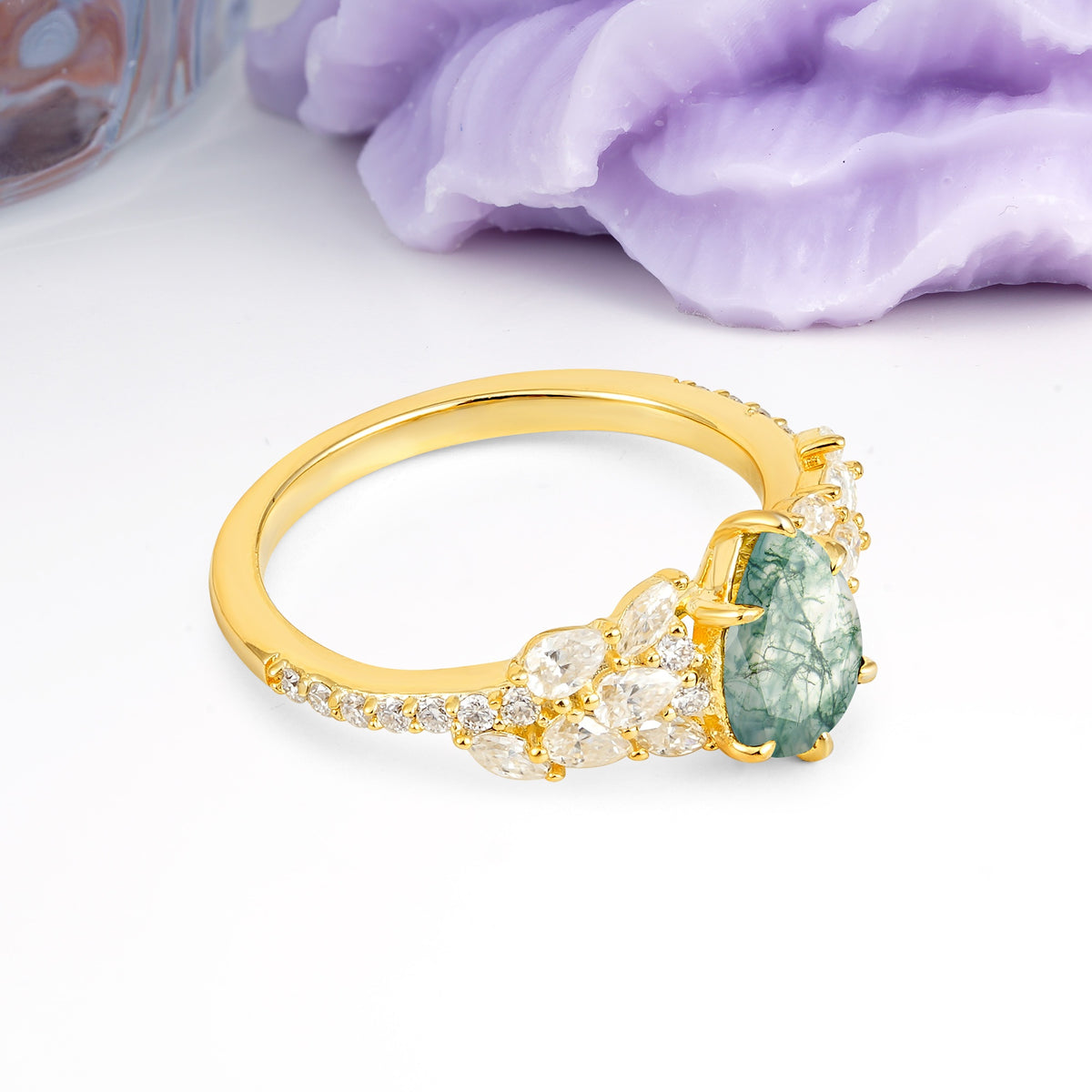 Luxurious Pavé-Set Diamonds, Unique 6-Prong Pear Cut Moss Agate Engagement Ring - Additional view