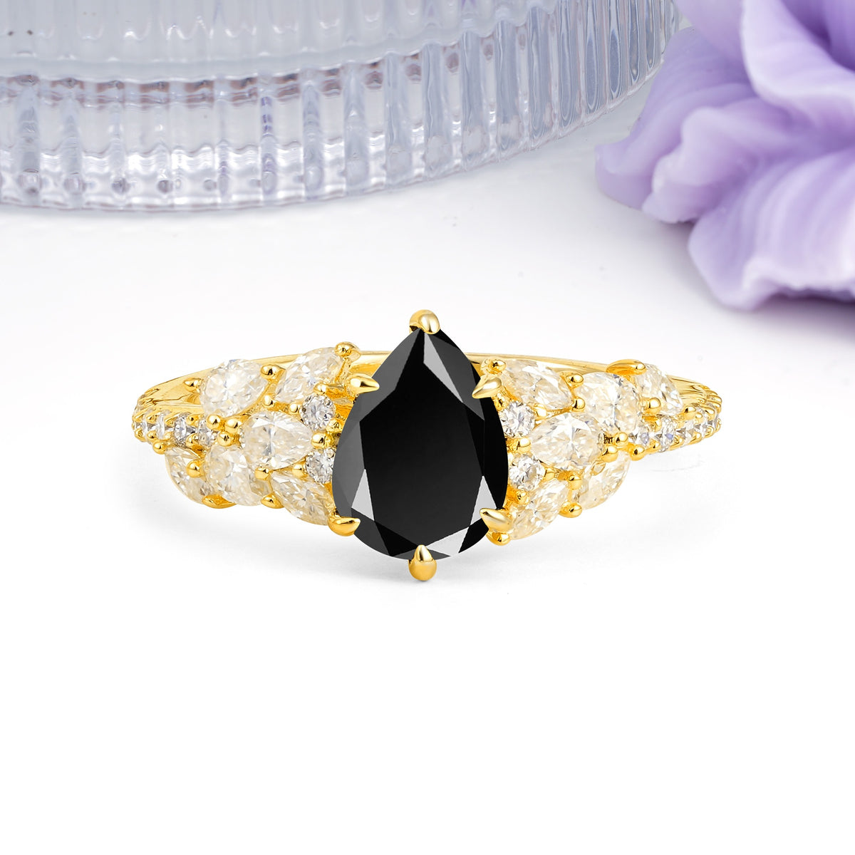 Luxurious Pavé-Set Diamonds, Unique 6-Prong Pear Cut Black Onyx Engagement Ring - Additional view