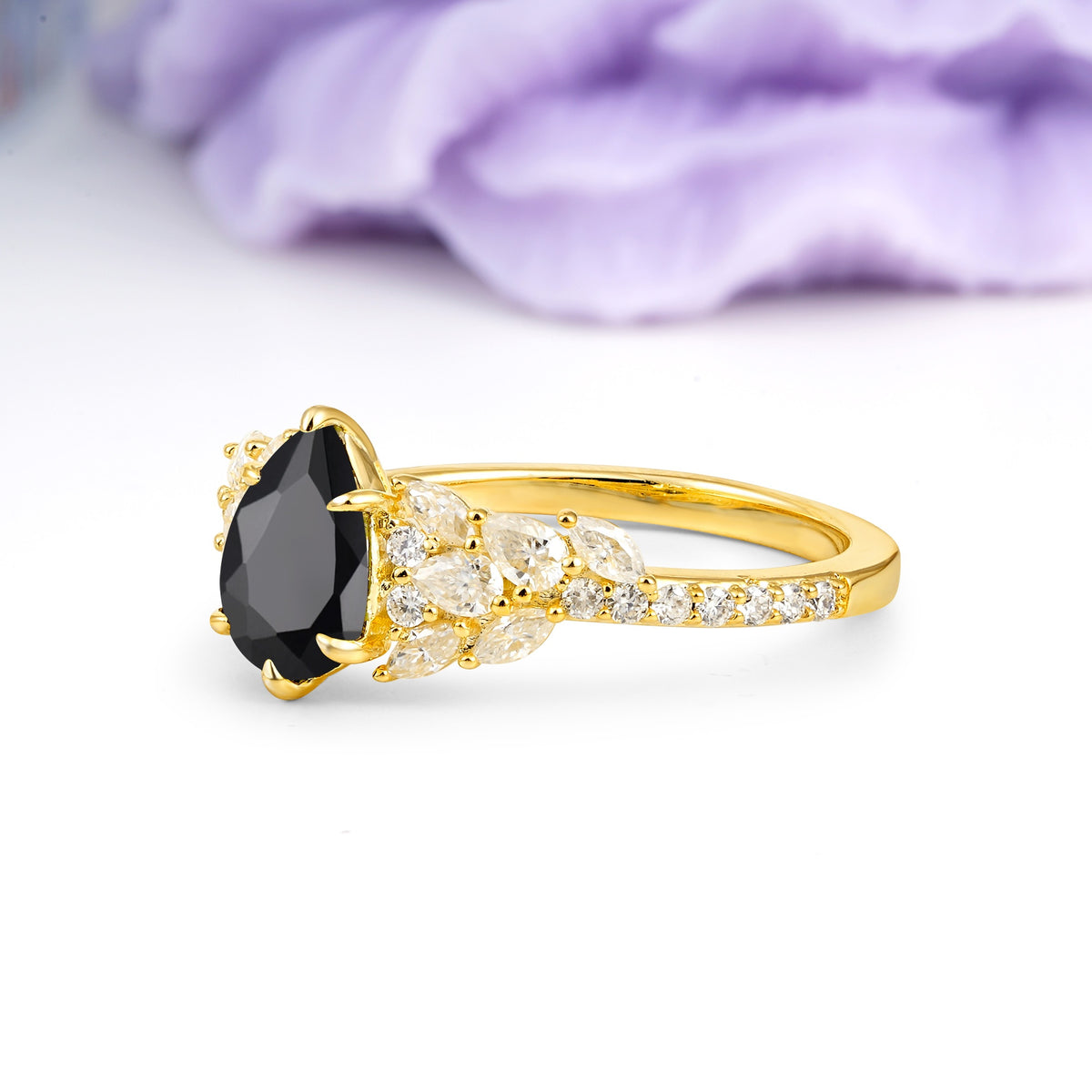 Luxurious Pavé-Set Diamonds, Unique 6-Prong Pear Cut Black Onyx Engagement Ring - Additional view