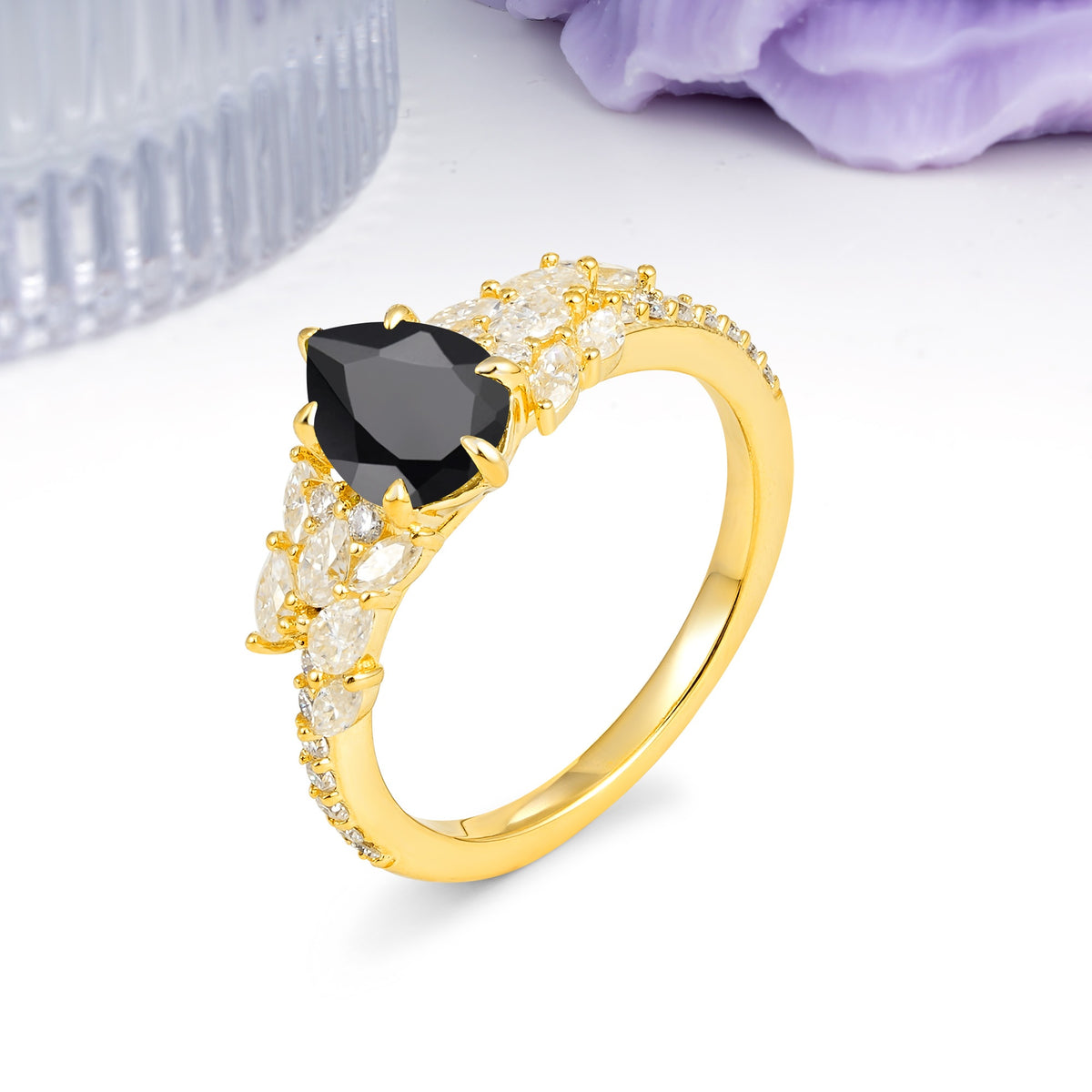 Luxurious Pavé-Set Diamonds, Unique 6-Prong Pear Cut Black Onyx Engagement Ring - Additional view