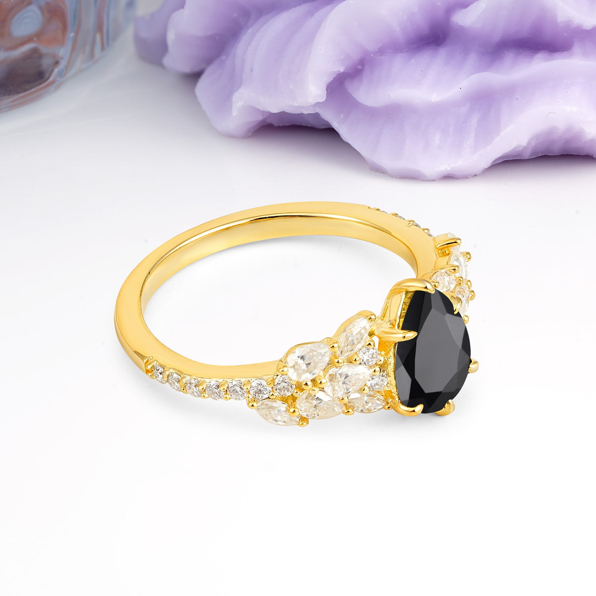 Luxurious Pavé-Set Diamonds, Unique 6-Prong Pear Cut Black Onyx Engagement Ring - Additional view