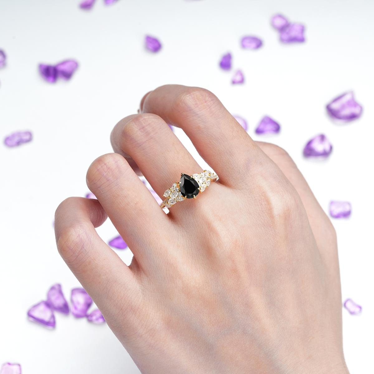Luxurious Pavé-Set Diamonds, Unique 6-Prong Pear Cut Black Onyx Engagement Ring