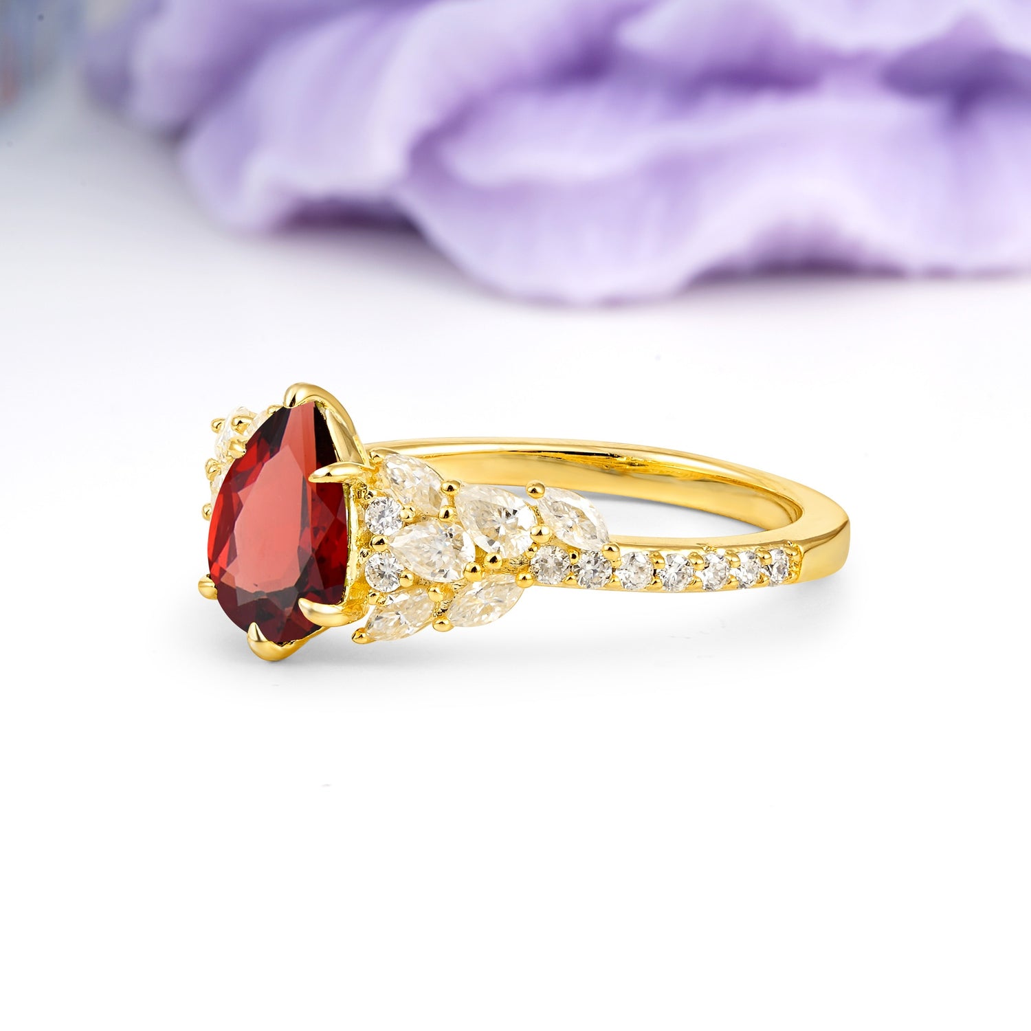 Luxurious Pavé-Set Diamonds, Unique 6-Prong Pear Cut Garnet Engagement Ring - Additional view