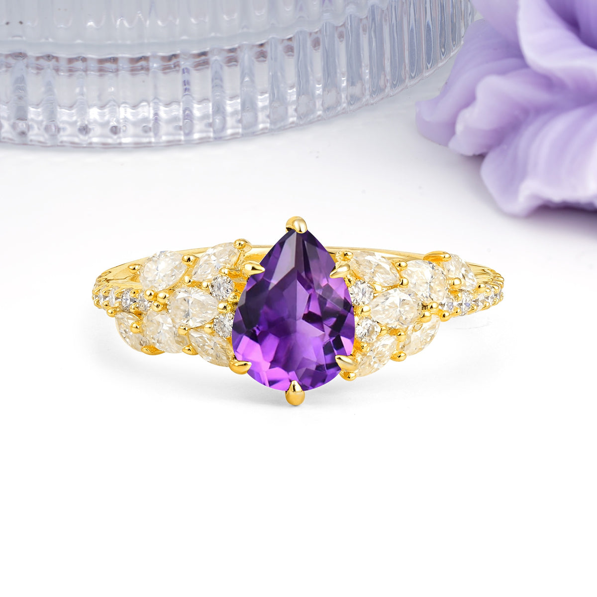Luxurious Pavé-Set Diamonds, Unique 6-Prong Pear Cut Amethyst Engagement Ring - Additional view