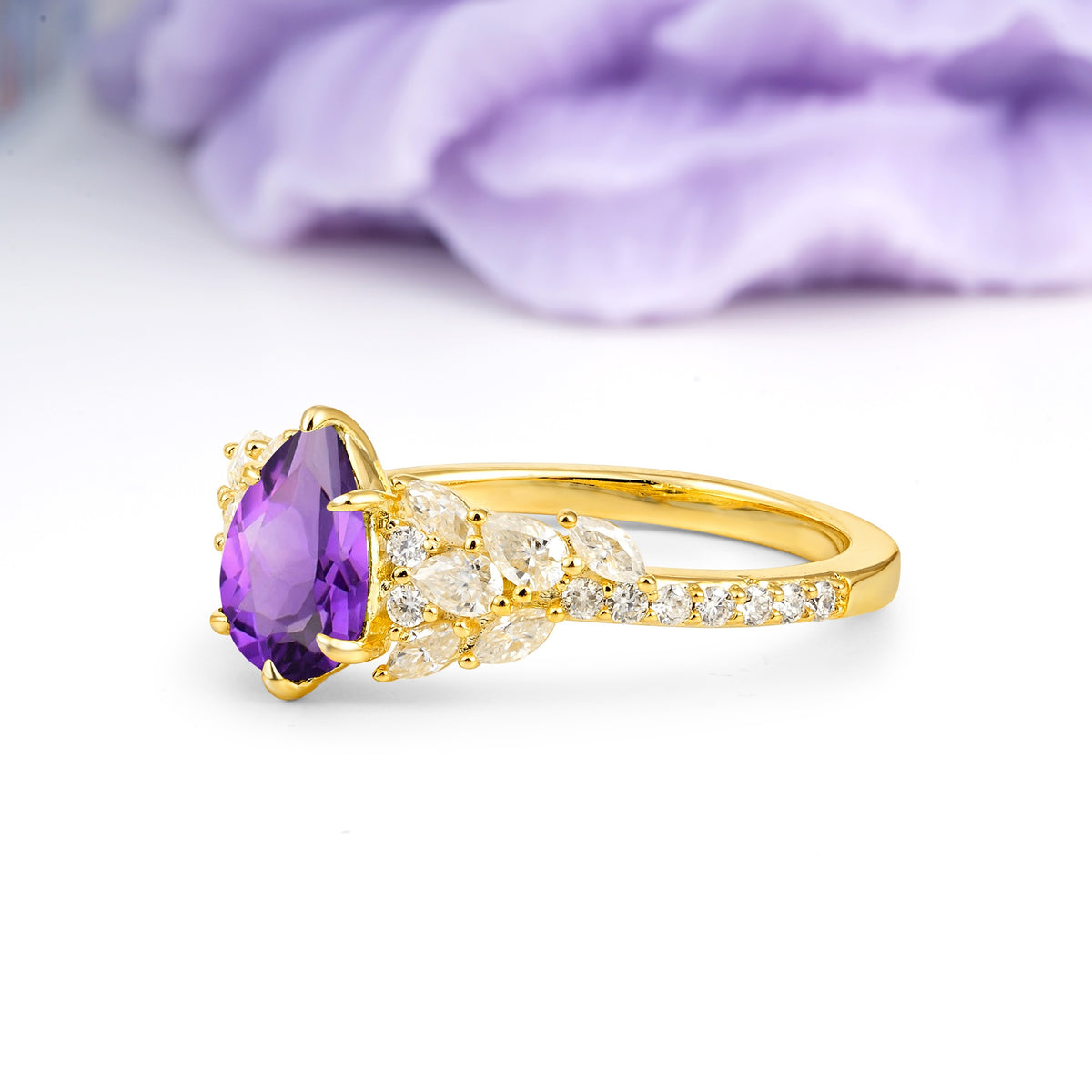 Luxurious Pavé-Set Diamonds, Unique 6-Prong Pear Cut Amethyst Engagement Ring - Additional view