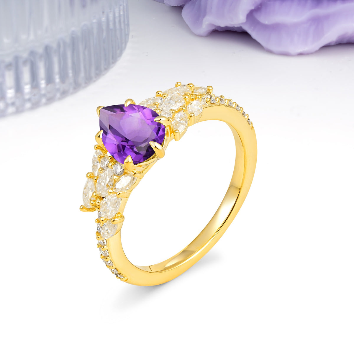 Luxurious Pavé-Set Diamonds, Unique 6-Prong Pear Cut Amethyst Engagement Ring - Additional view
