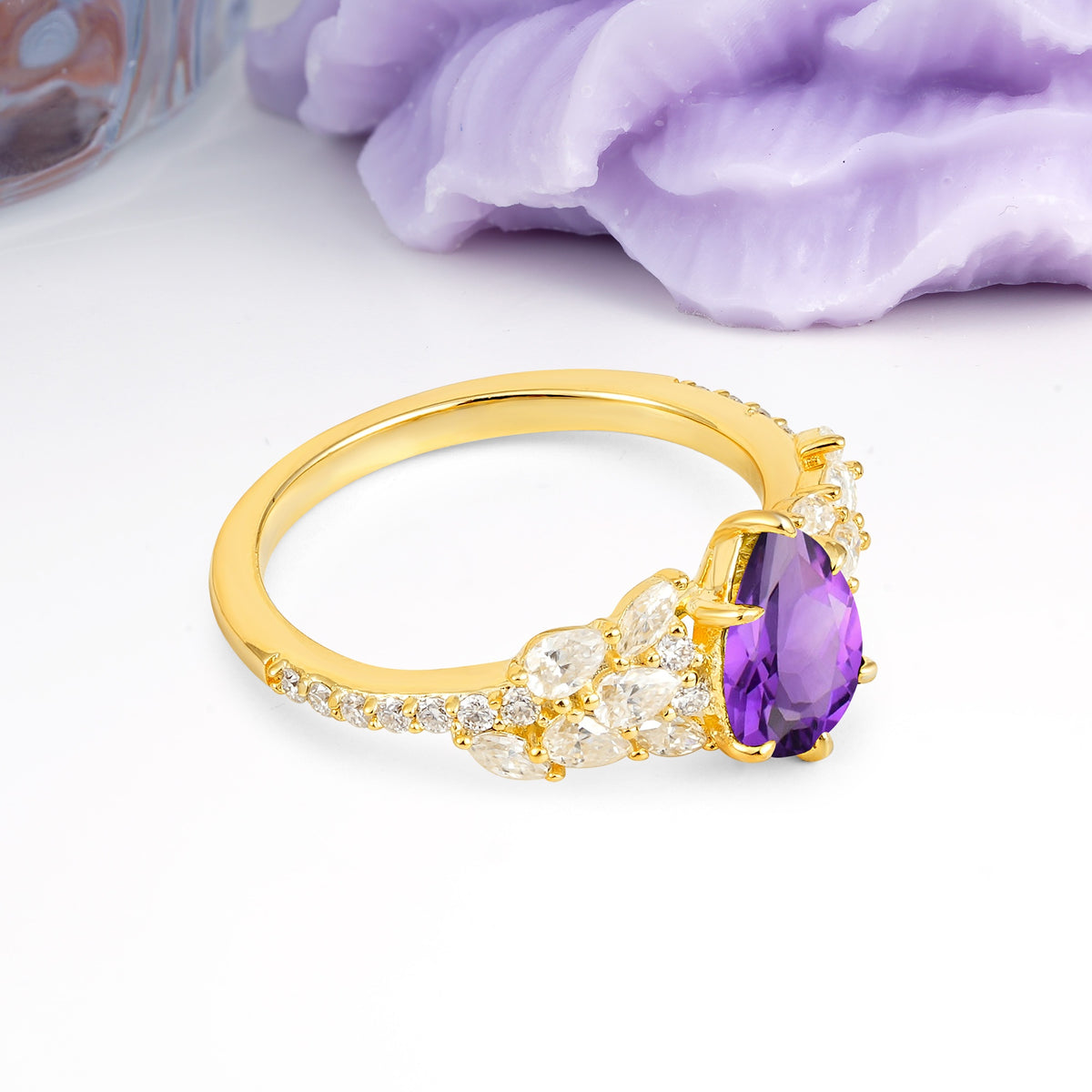 Luxurious Pavé-Set Diamonds, Unique 6-Prong Pear Cut Amethyst Engagement Ring - Additional view