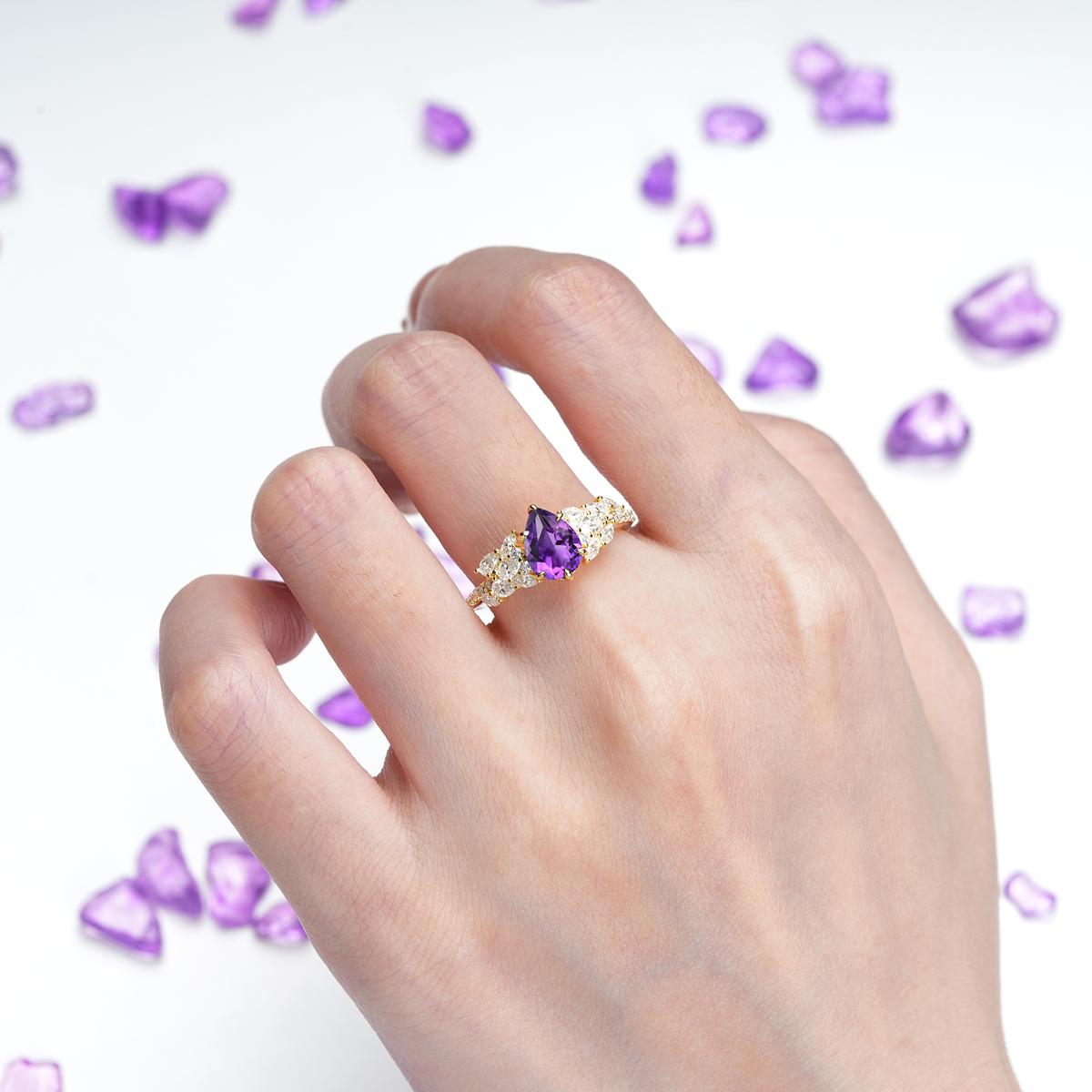 Luxurious Pavé-Set Diamonds, Unique 6-Prong Pear Cut Amethyst Engagement Ring