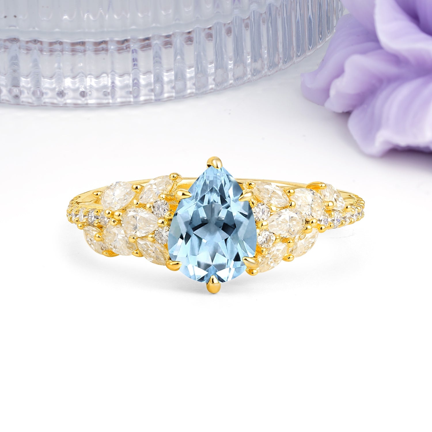 Luxurious Pavé-Set Diamonds, Unique 6-Prong Pear Cut Aquamarine Engagement Ring - Additional view