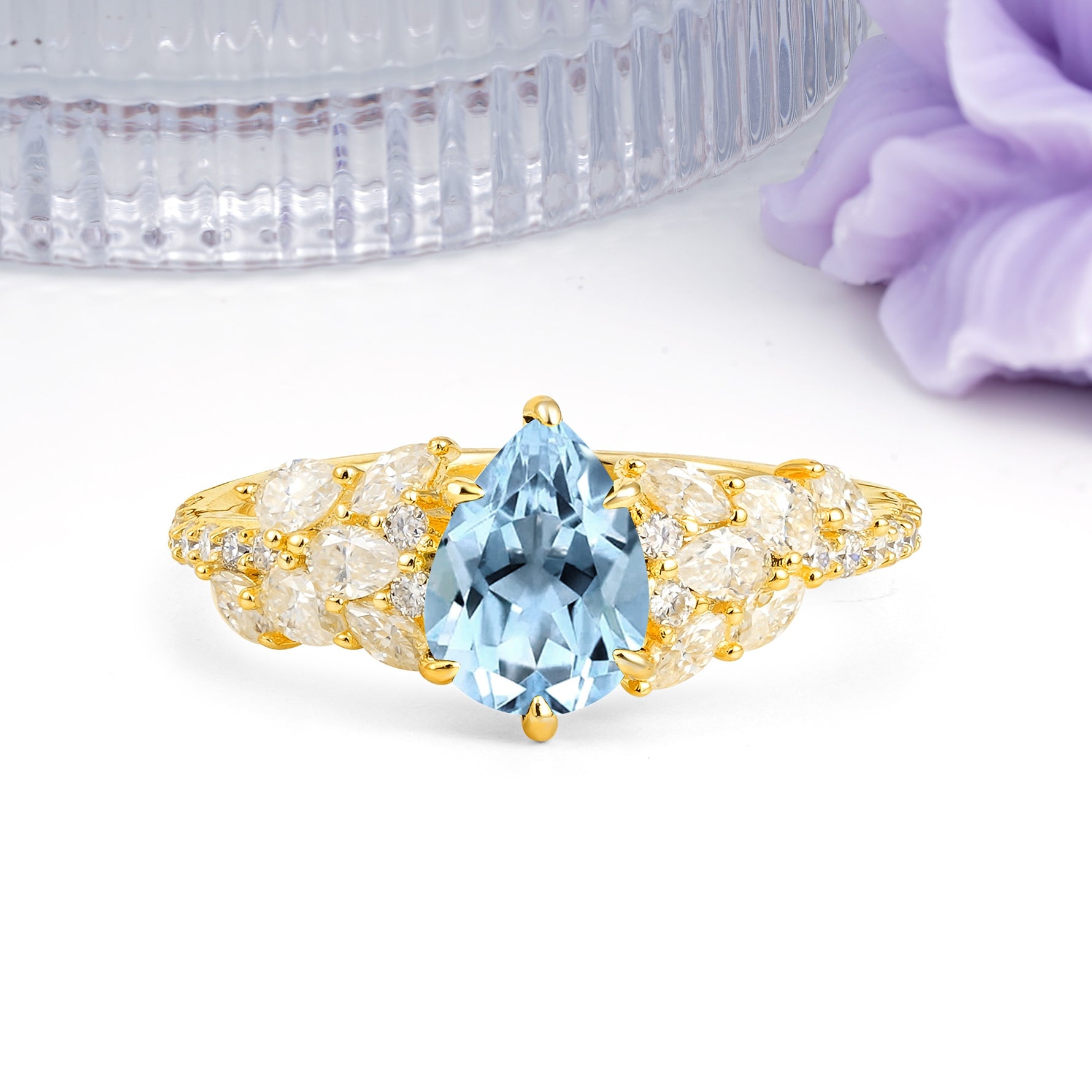 Luxurious Pavé-Set Diamonds, Unique 6-Prong Pear Cut Aquamarine Engagement Ring - Additional view