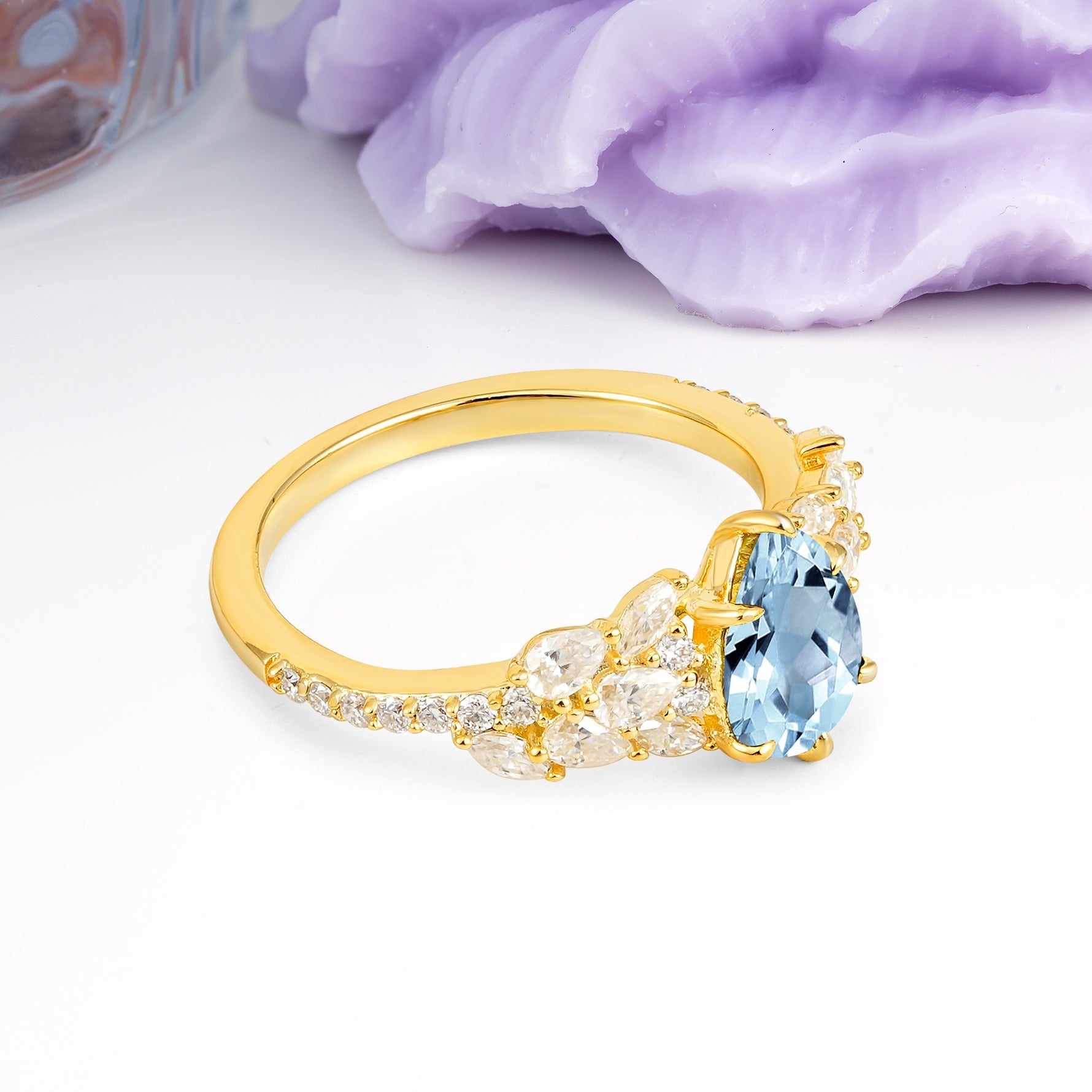 Luxurious Pavé-Set Diamonds, Unique 6-Prong Pear Cut Aquamarine Engagement Ring - Additional view
