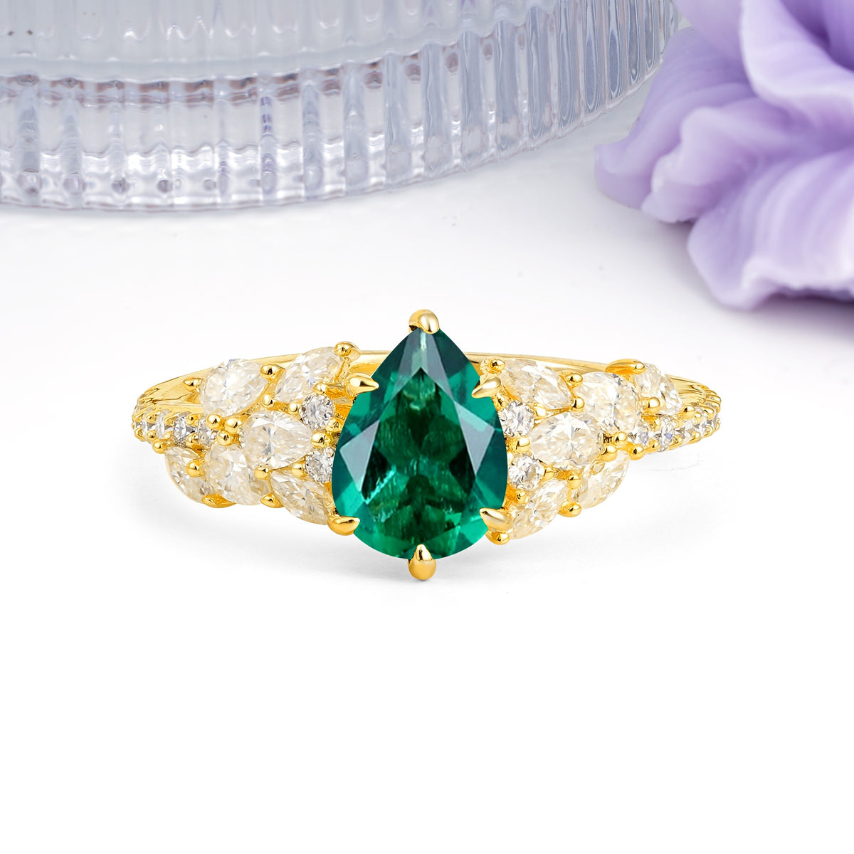 Luxurious Pavé-Set Diamonds, Unique 6-Prong Pear Cut Emerald Engagement Ring - Additional view