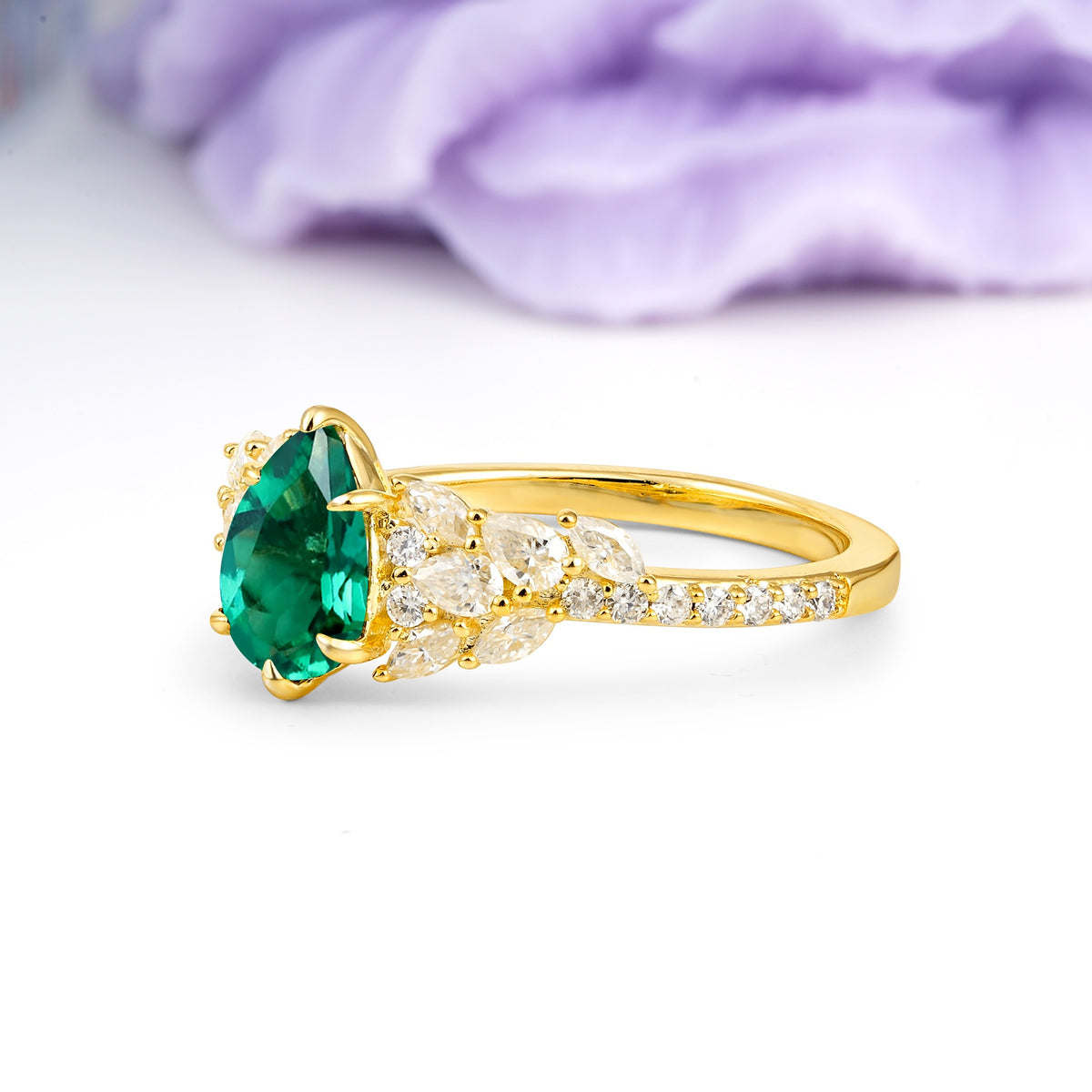 Luxurious Pavé-Set Diamonds, Unique 6-Prong Pear Cut Emerald Engagement Ring - Additional view