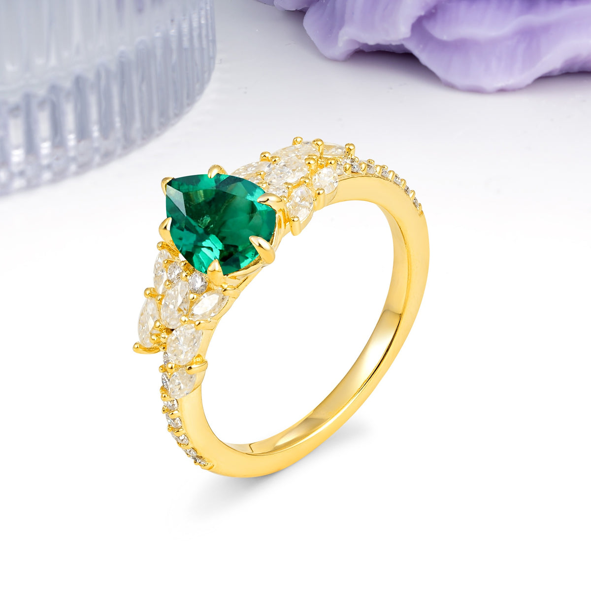 Luxurious Pavé-Set Diamonds, Unique 6-Prong Pear Cut Emerald Engagement Ring - Additional view