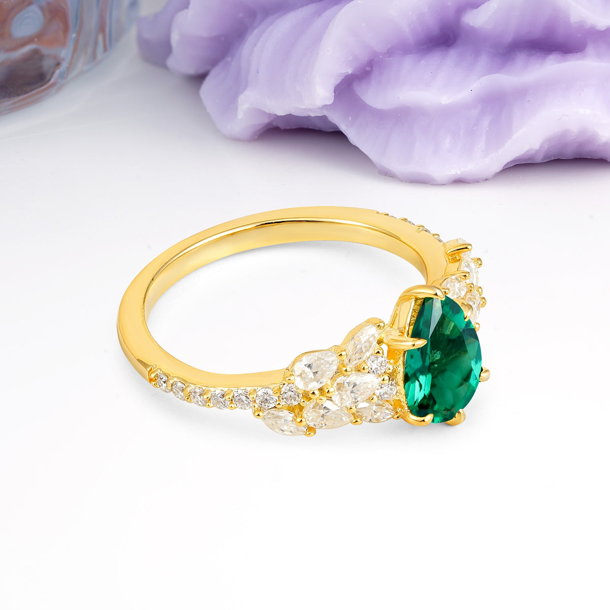 Luxurious Pavé-Set Diamonds, Unique 6-Prong Pear Cut Emerald Engagement Ring - Additional view