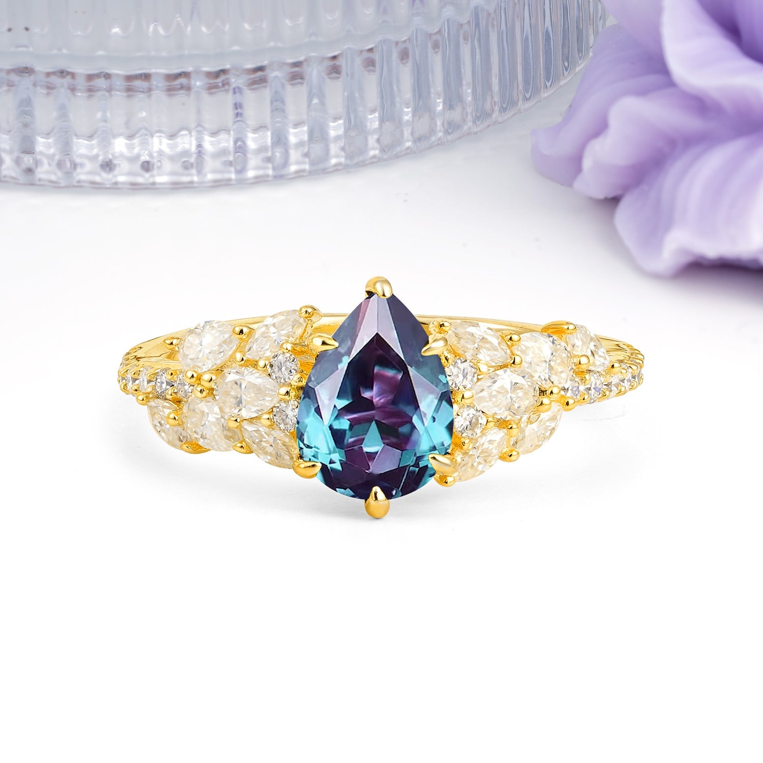 Luxurious Pavé-Set Diamonds, Unique 6-Prong Pear Cut Alexandrite Engagement Ring - Additional view