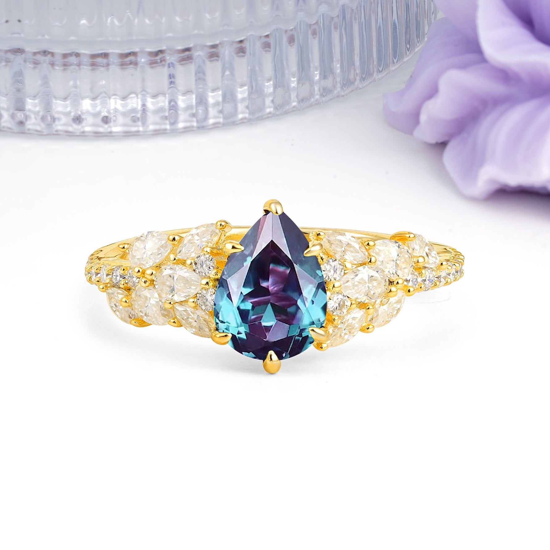 Luxurious Pavé-Set Diamonds, Unique 6-Prong Pear Cut Alexandrite Engagement Ring - Additional view