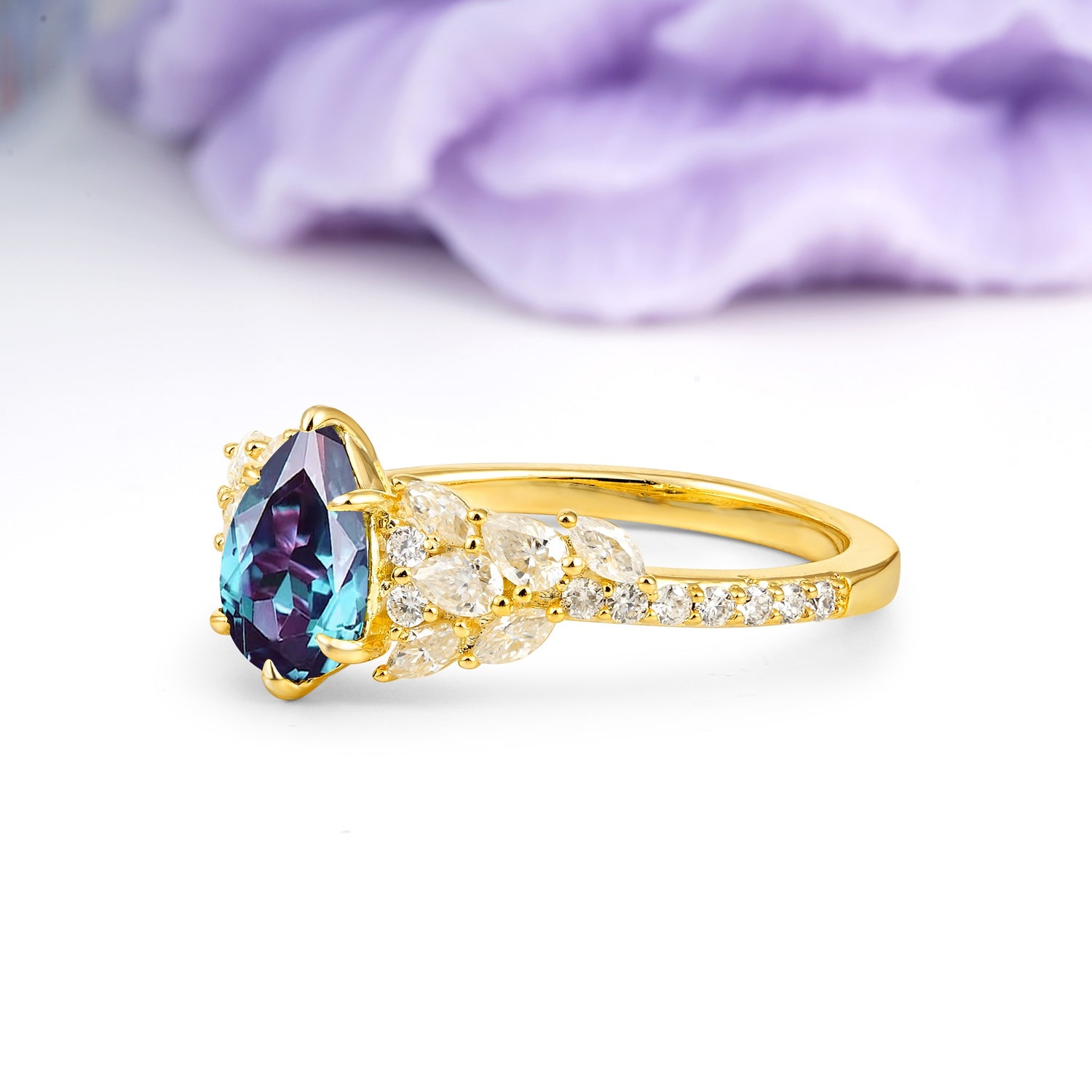 Luxurious Pavé-Set Diamonds, Unique 6-Prong Pear Cut Alexandrite Engagement Ring - Additional view