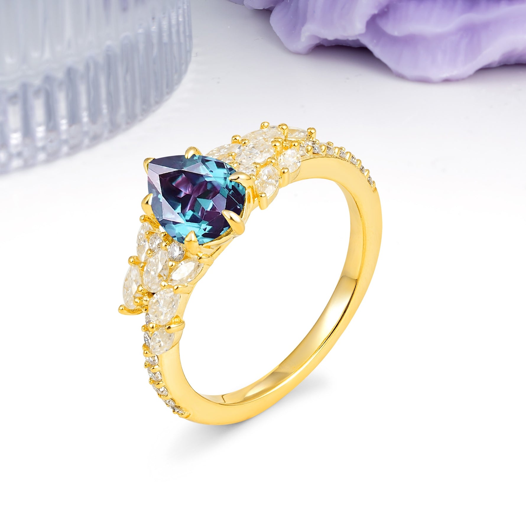 Luxurious Pavé-Set Diamonds, Unique 6-Prong Pear Cut Alexandrite Engagement Ring - Additional view