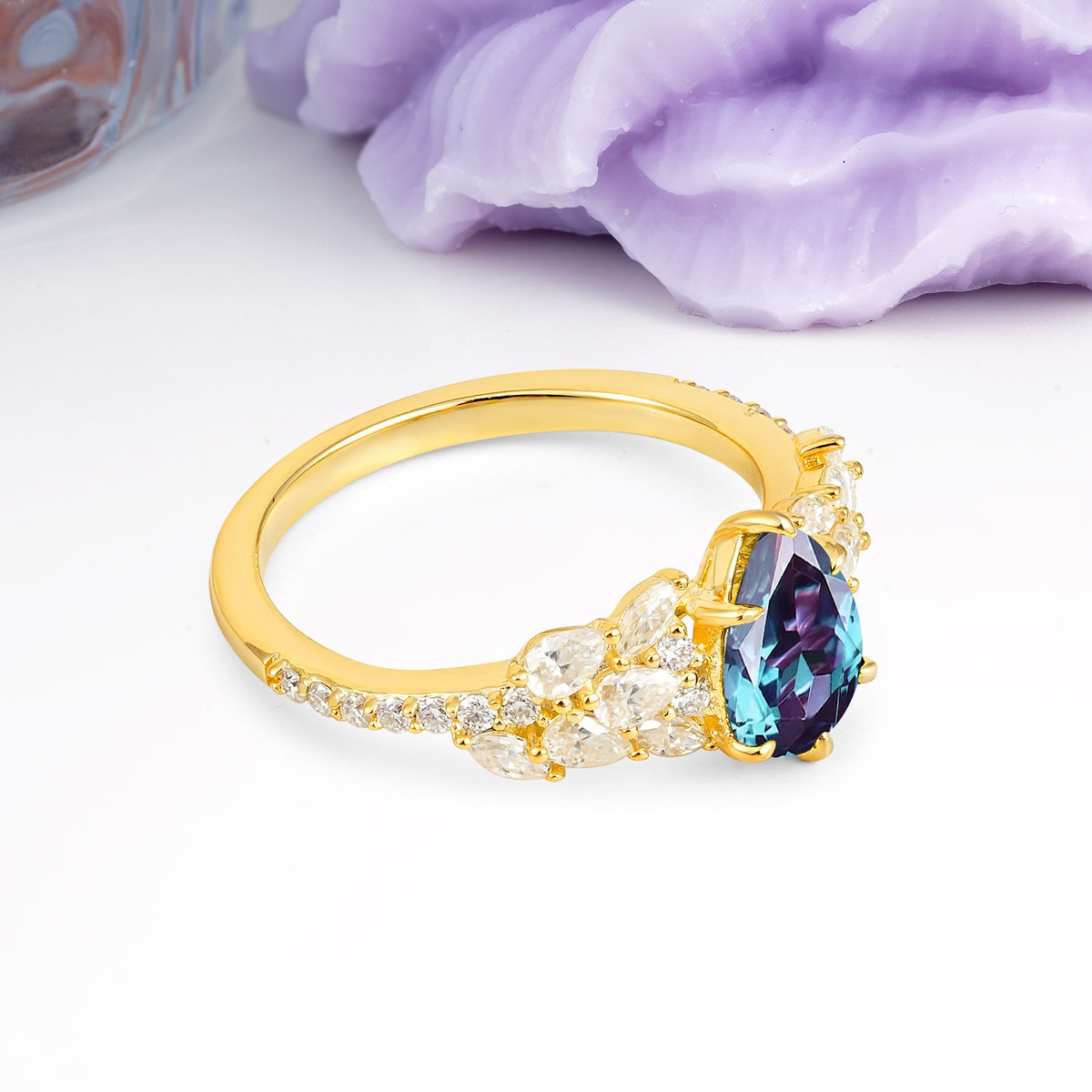 Luxurious Pavé-Set Diamonds, Unique 6-Prong Pear Cut Alexandrite Engagement Ring - Additional view