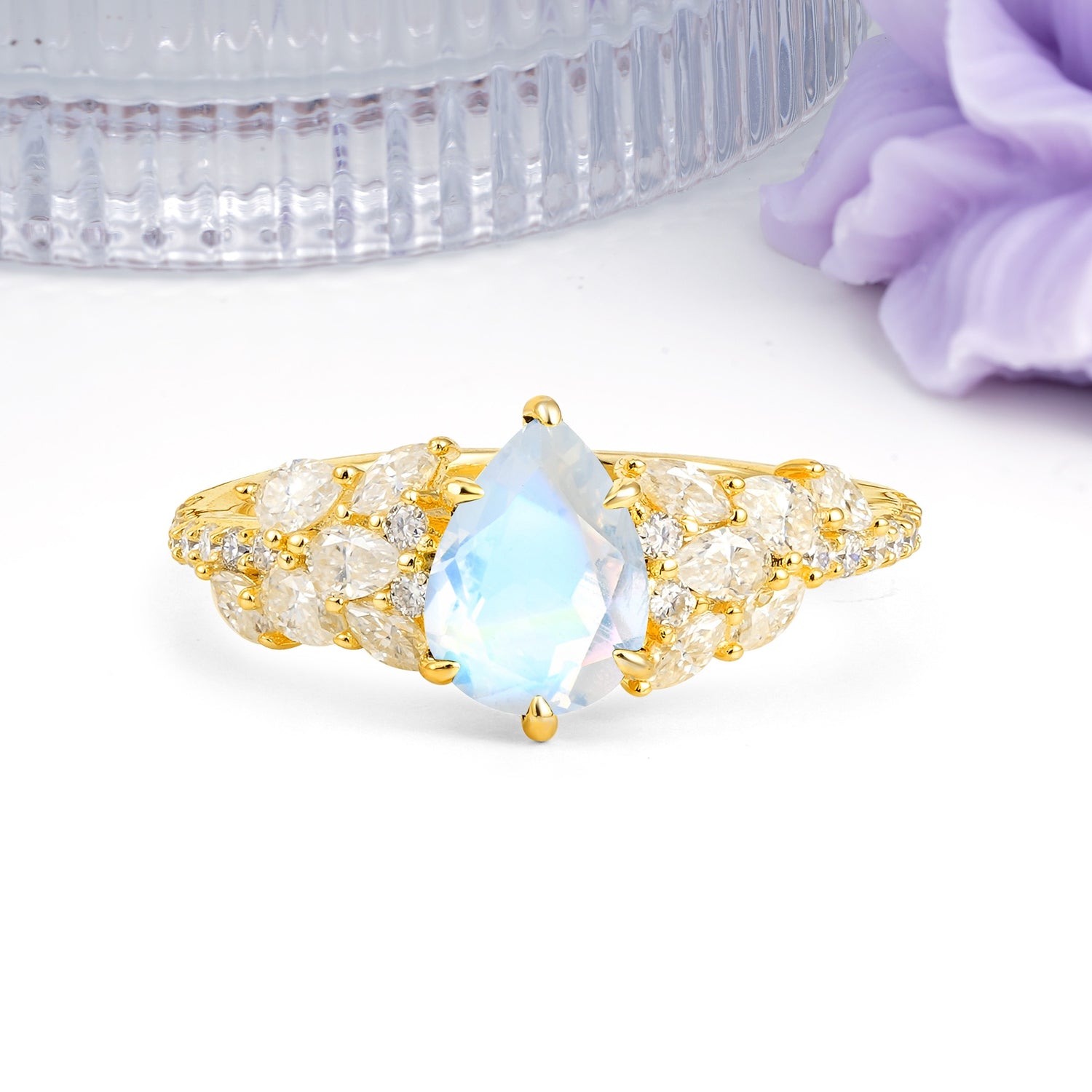 Luxurious Pavé-Set Diamonds, Unique 6-Prong Pear Cut Moonstone Engagement Ring - Additional view