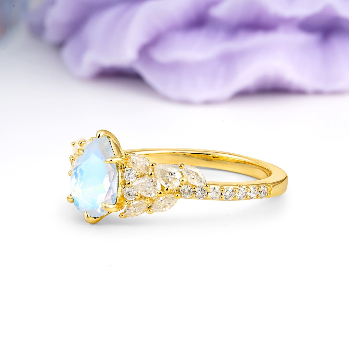 Luxurious Pavé-Set Diamonds, Unique 6-Prong Pear Cut Moonstone Engagement Ring - Additional view