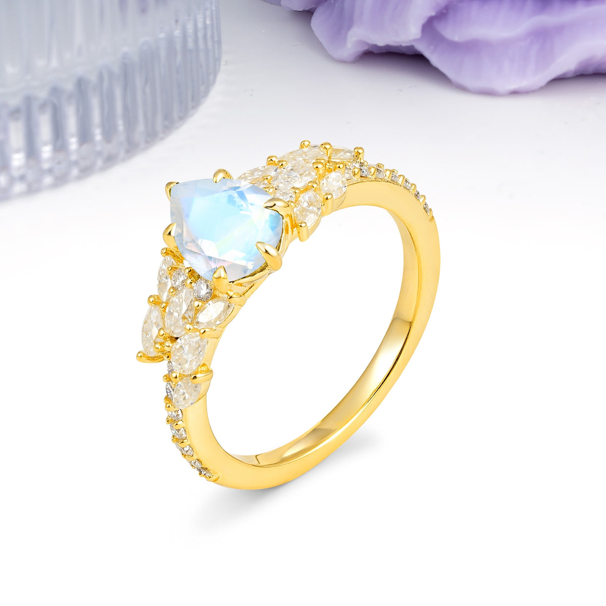 Luxurious Pavé-Set Diamonds, Unique 6-Prong Pear Cut Moonstone Engagement Ring - Additional view