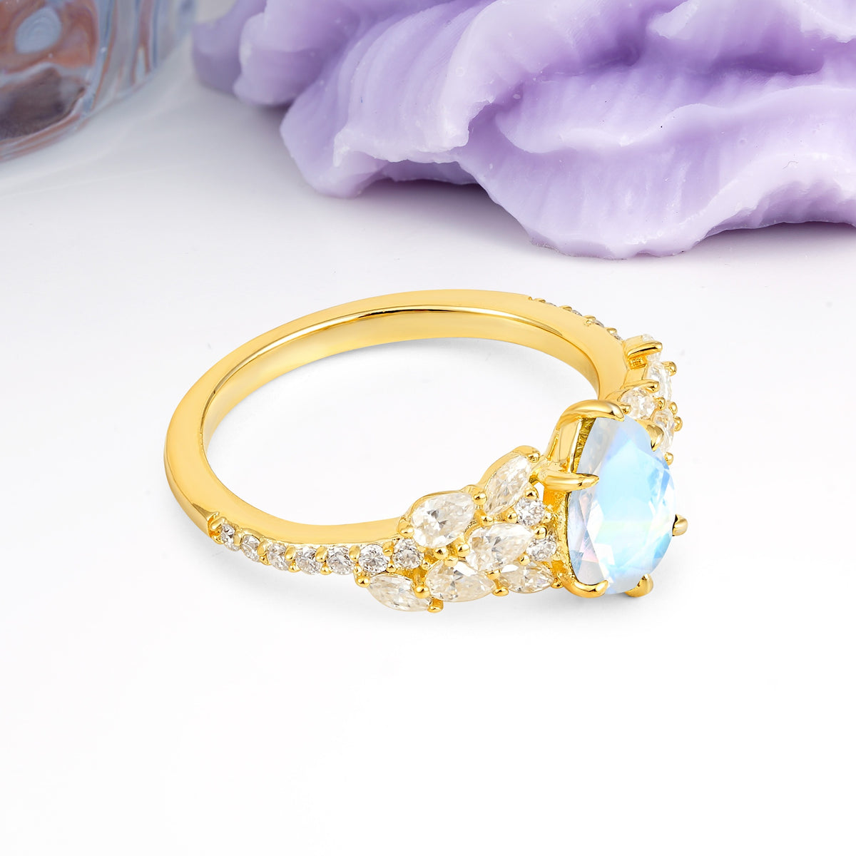 Luxurious Pavé-Set Diamonds, Unique 6-Prong Pear Cut Moonstone Engagement Ring - Additional view