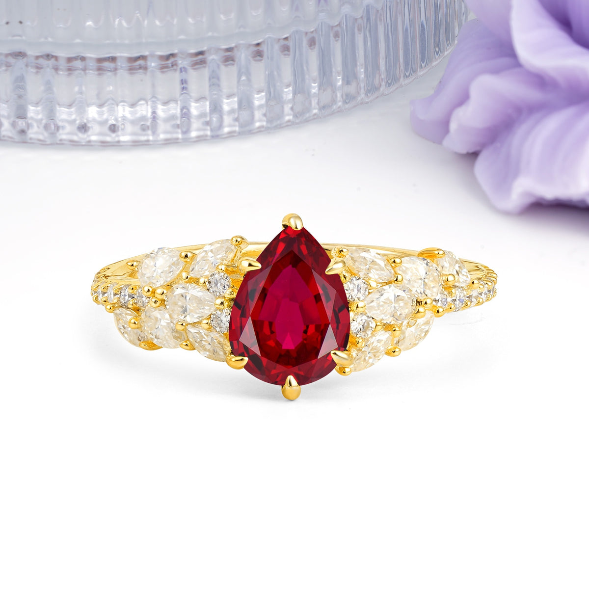 Luxurious Pavé-Set Diamonds, Unique 6-Prong Pear Cut Ruby Engagement Ring - Additional view