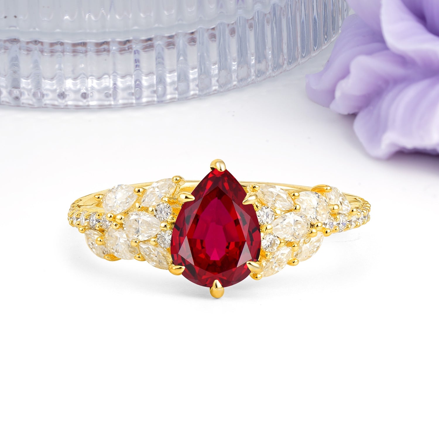 Luxurious Pavé-Set Diamonds, Unique 6-Prong Pear Cut Ruby Engagement Ring - Additional view