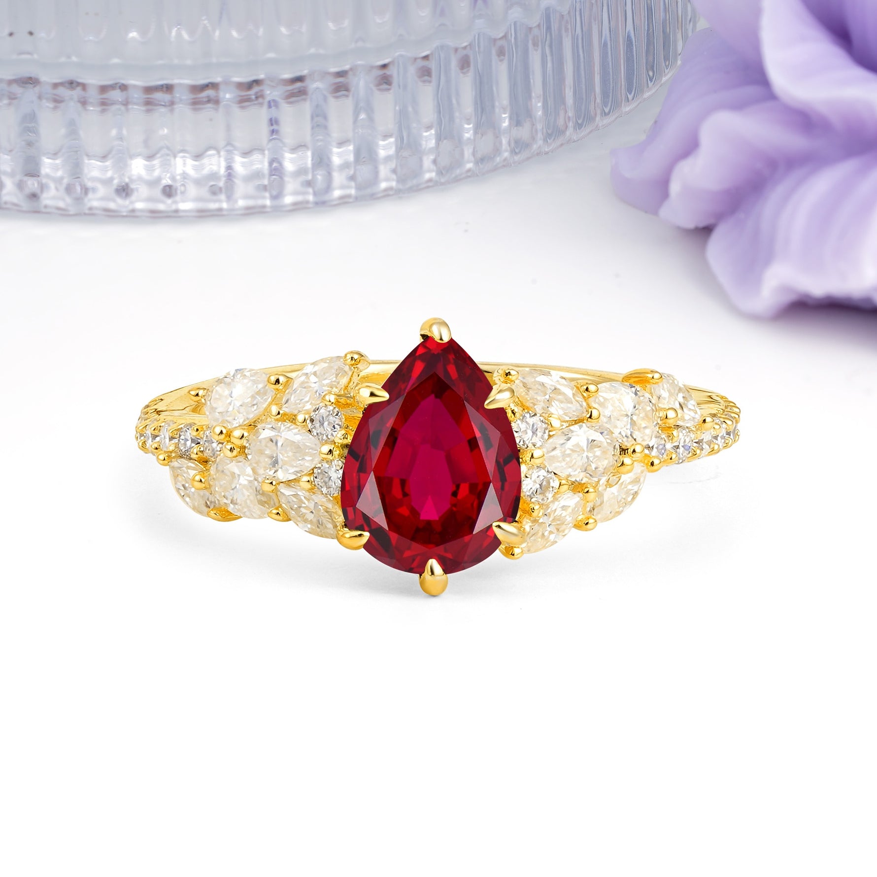 Luxurious Pavé-Set Diamonds, Unique 6-Prong Pear Cut Ruby Engagement Ring - Additional view