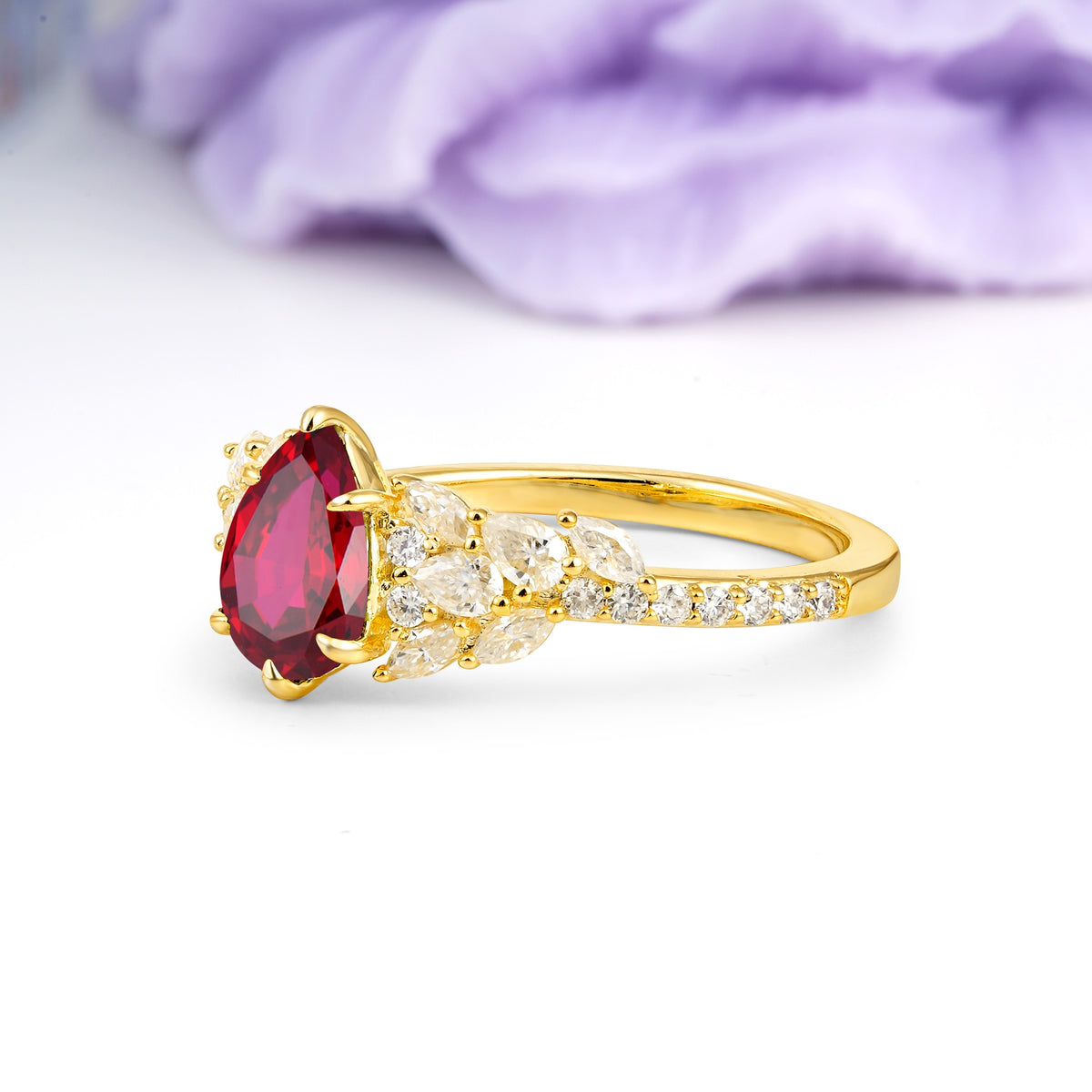 Luxurious Pavé-Set Diamonds, Unique 6-Prong Pear Cut Ruby Engagement Ring - Additional view