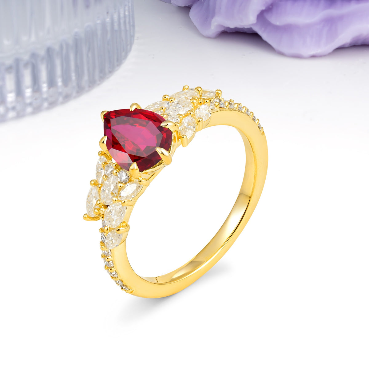 Luxurious Pavé-Set Diamonds, Unique 6-Prong Pear Cut Ruby Engagement Ring - Additional view