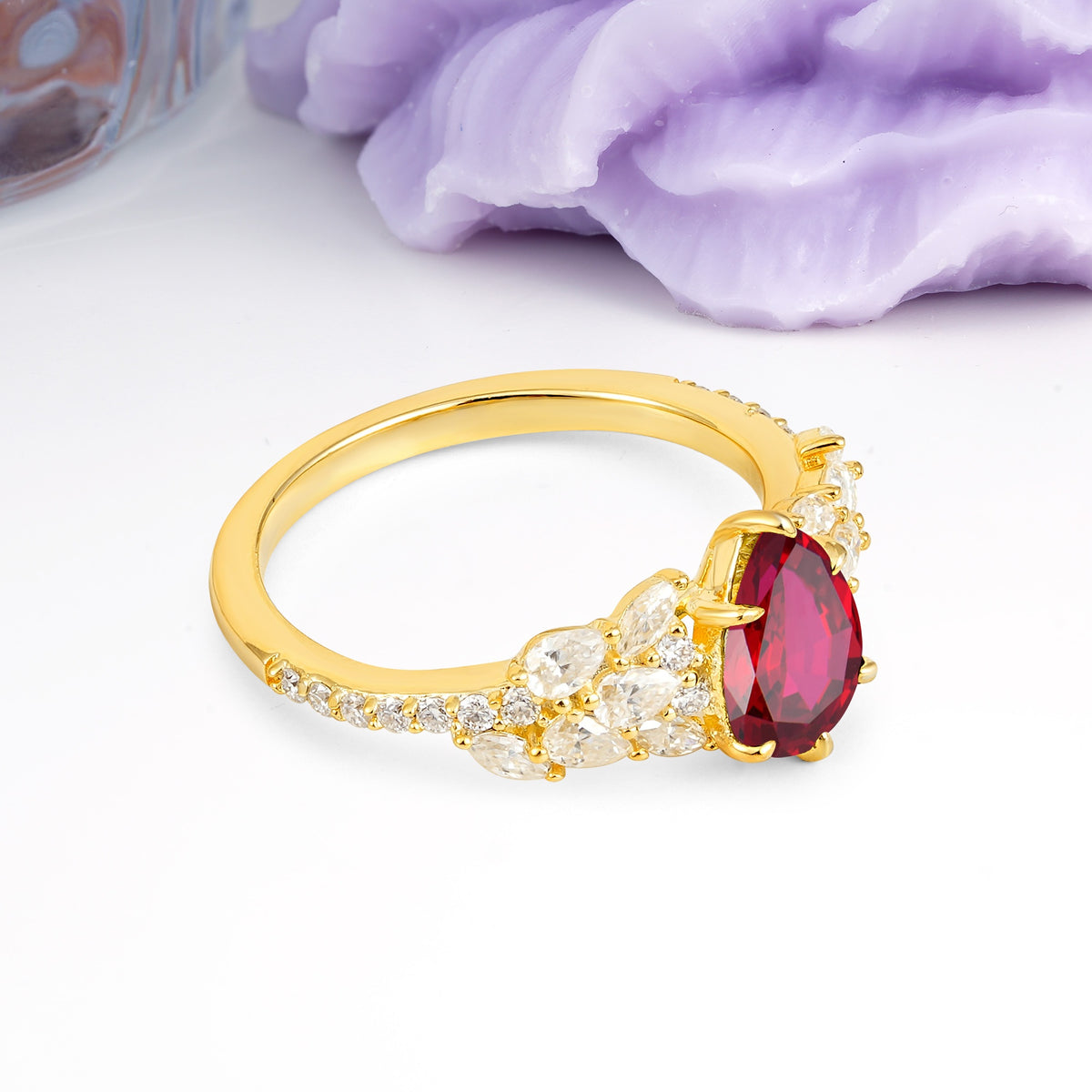 Luxurious Pavé-Set Diamonds, Unique 6-Prong Pear Cut Ruby Engagement Ring - Additional view