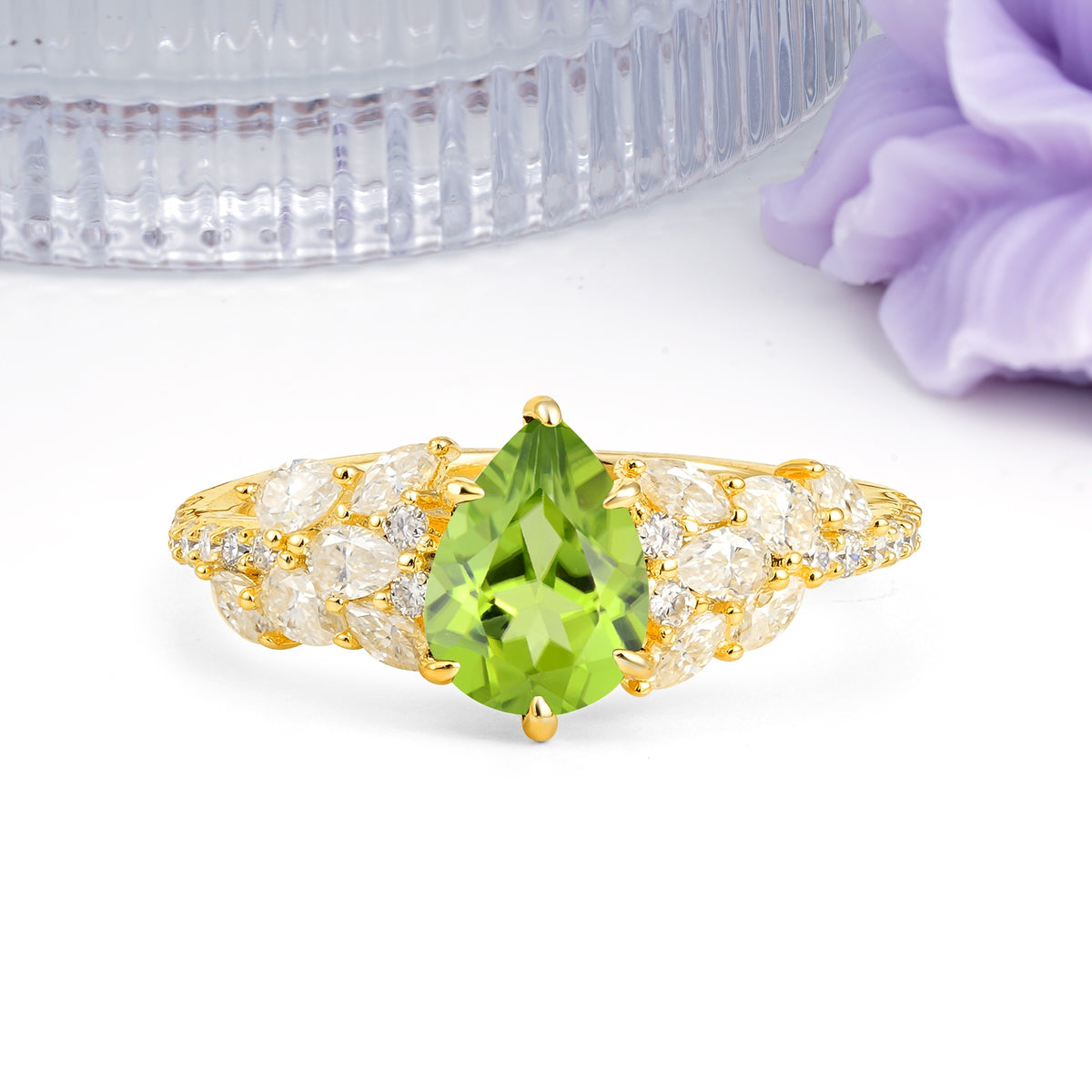 Luxurious Pavé-Set Diamonds, Unique 6-Prong Pear Cut Peridot Engagement Ring - Additional view