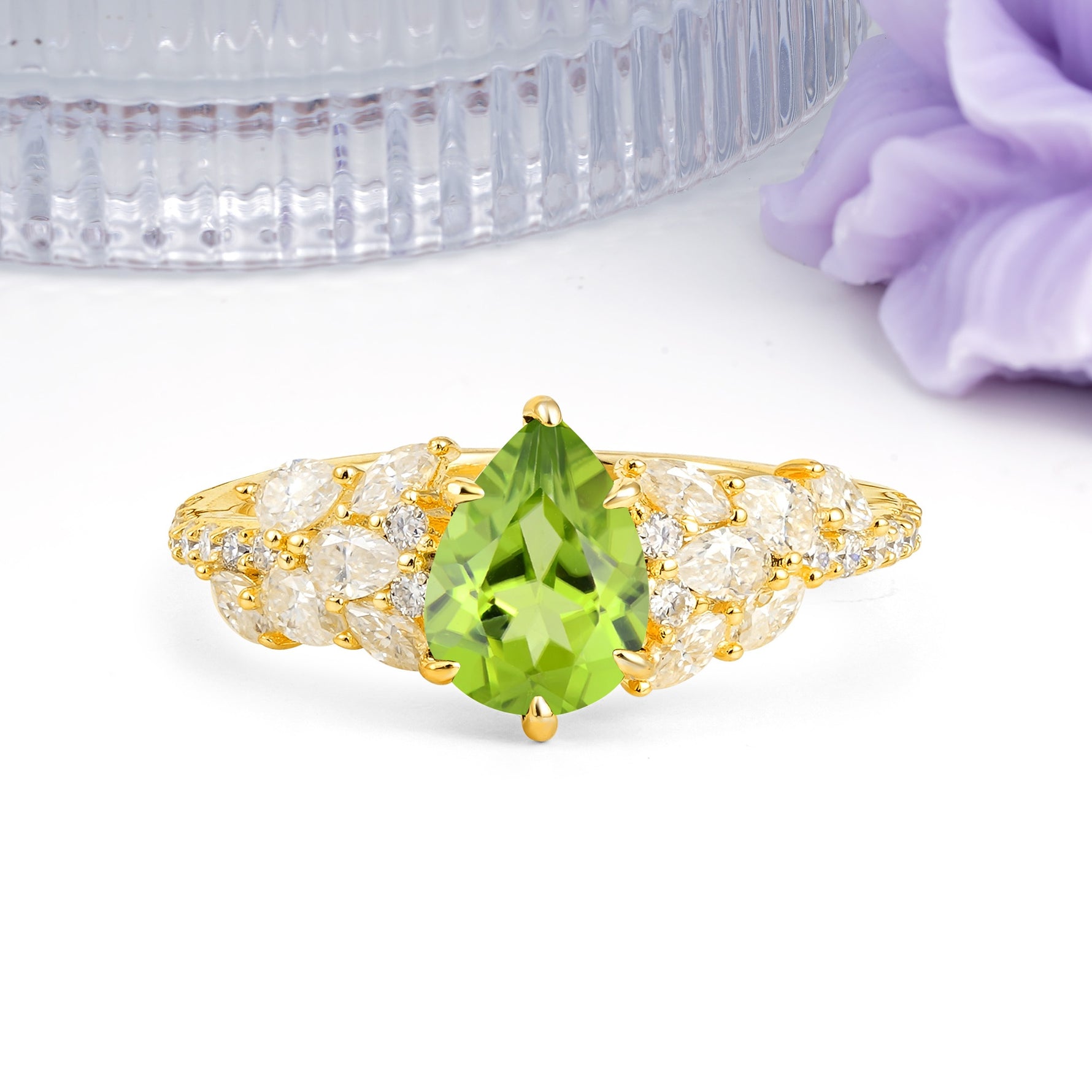 Luxurious Pavé-Set Diamonds, Unique 6-Prong Pear Cut Peridot Engagement Ring - Additional view