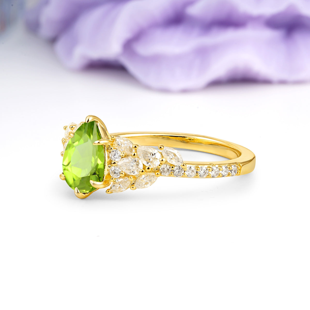 Luxurious Pavé-Set Diamonds, Unique 6-Prong Pear Cut Peridot Engagement Ring - Additional view
