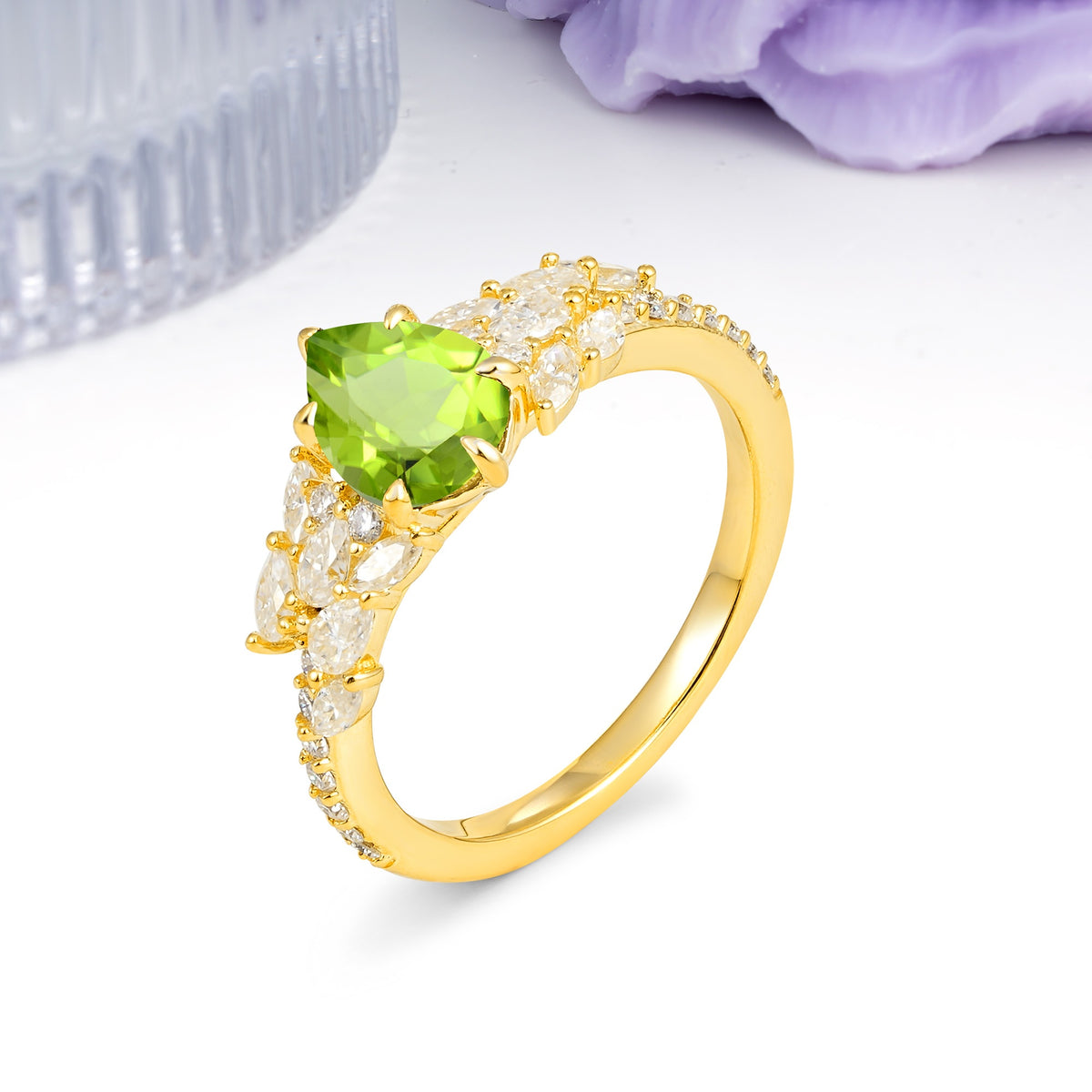Luxurious Pavé-Set Diamonds, Unique 6-Prong Pear Cut Peridot Engagement Ring - Additional view