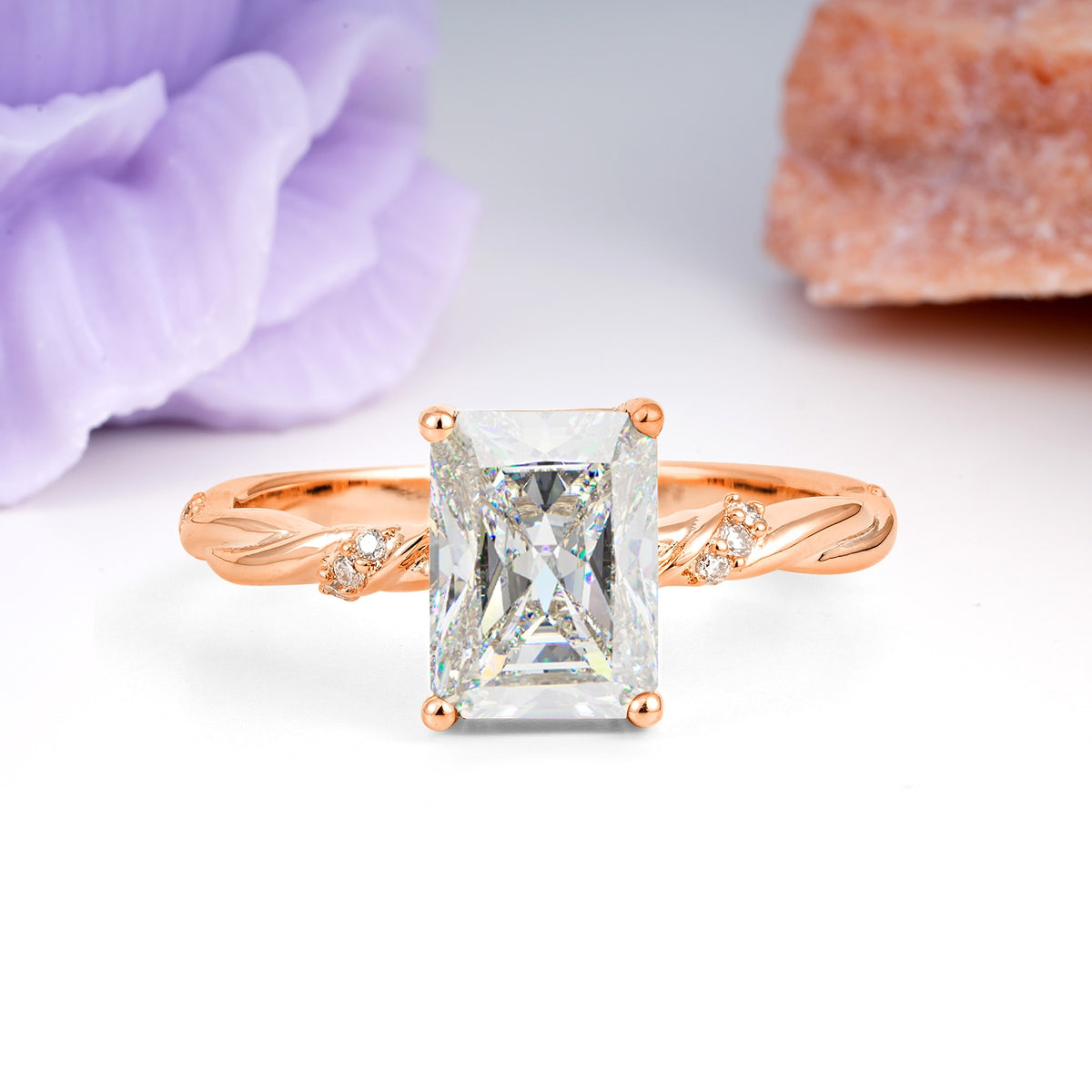 Classic Luxury Twisted 4-Prong Emerald Cut Moissanite Engagement Ring - Additional view