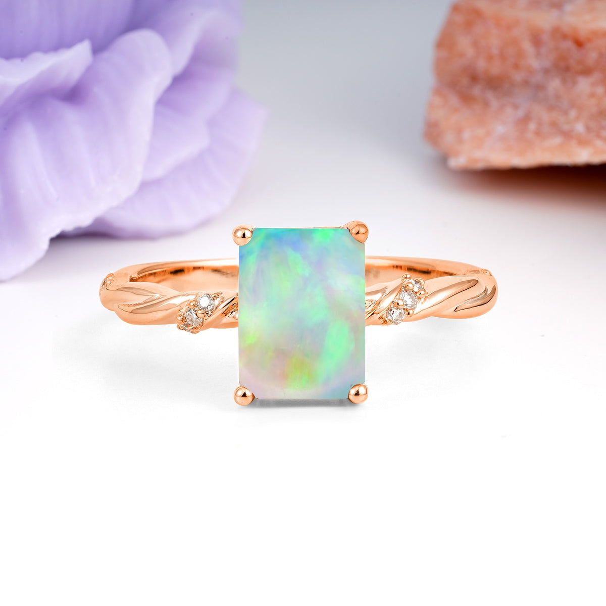 Classic Luxury Twisted 4-Prong Emerald Cut Fire Opal Engagement Ring - Additional view