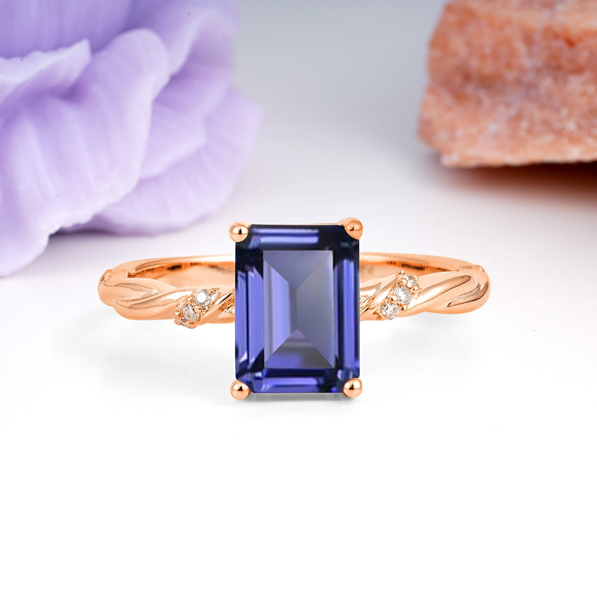 Classic Luxury Twisted 4-Prong Emerald Cut Tanzanite Engagement Ring - Additional view