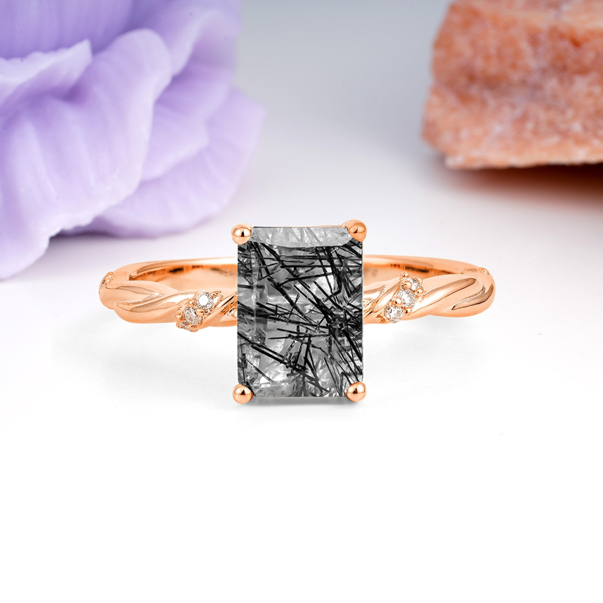 Classic Luxury Twisted 4-Prong Emerald Cut Black Rutilated Quartz Engagement Ring - Additional view
