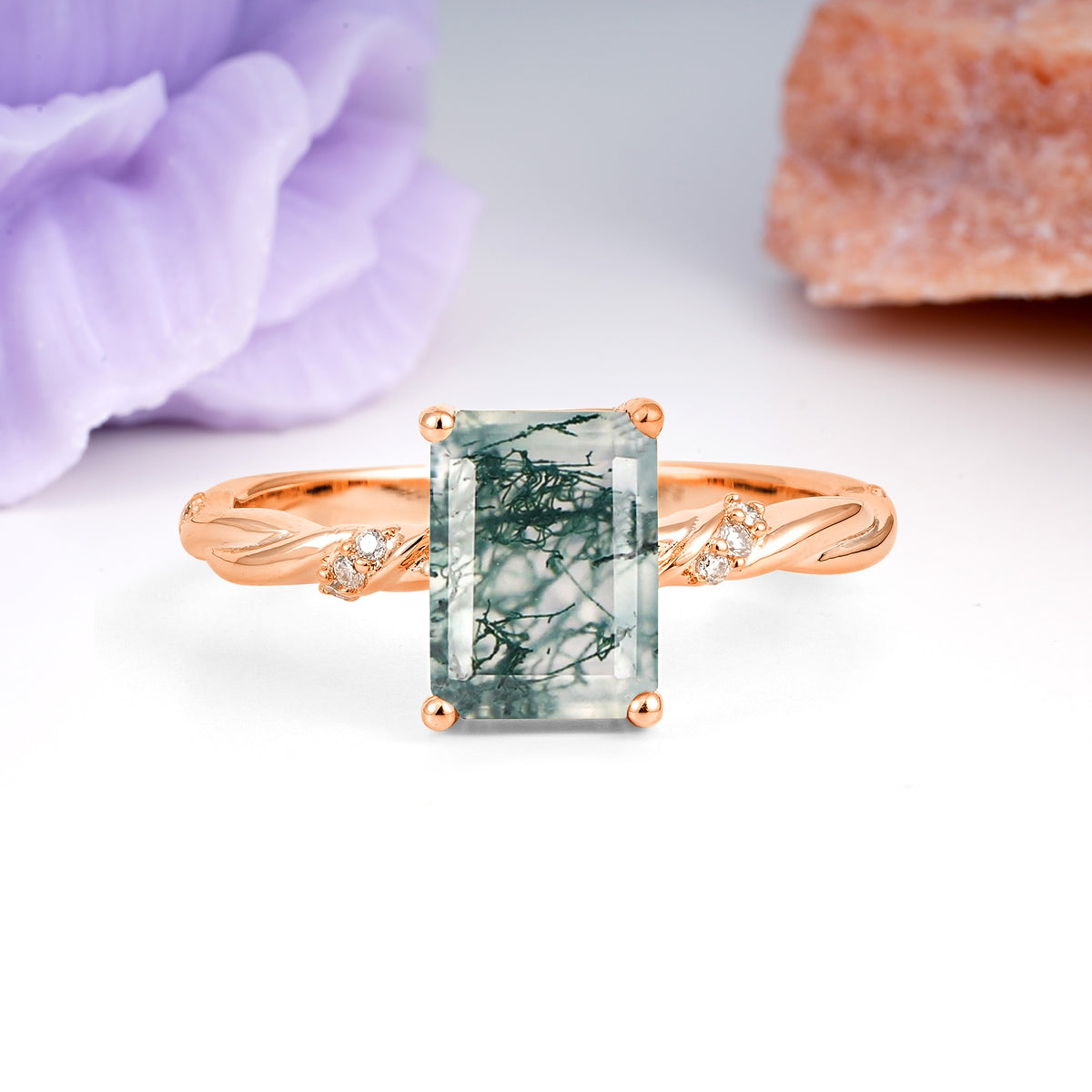 Classic Luxury Twisted 4-Prong Emerald Cut Moss Agate Engagement Ring - Additional view