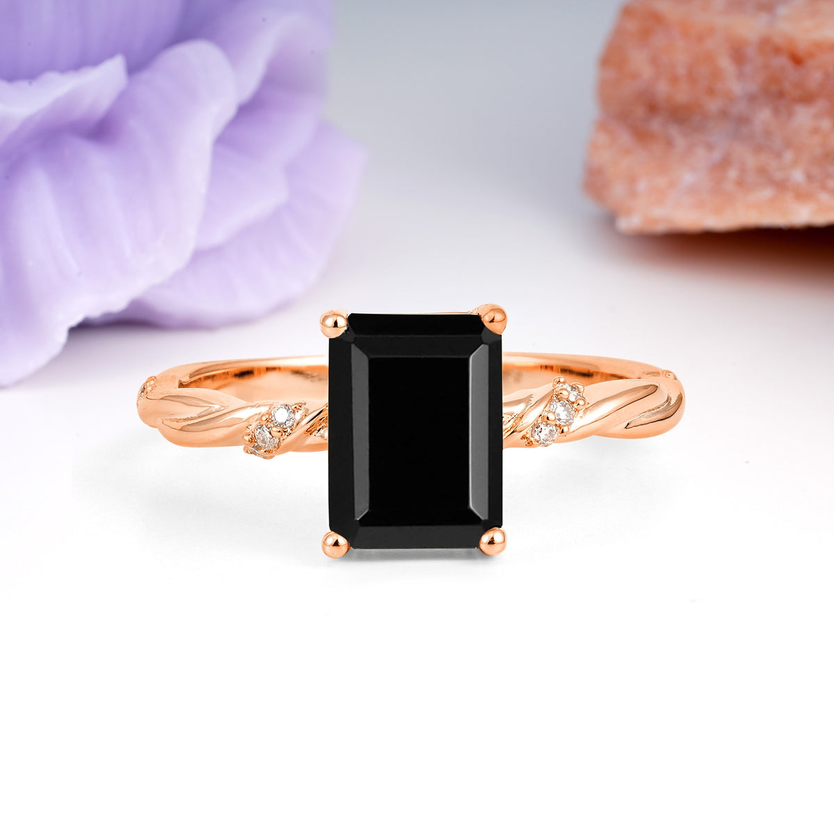 Classic Luxury Twisted 4-Prong Emerald Cut Black Onyx Engagement Ring - Additional view