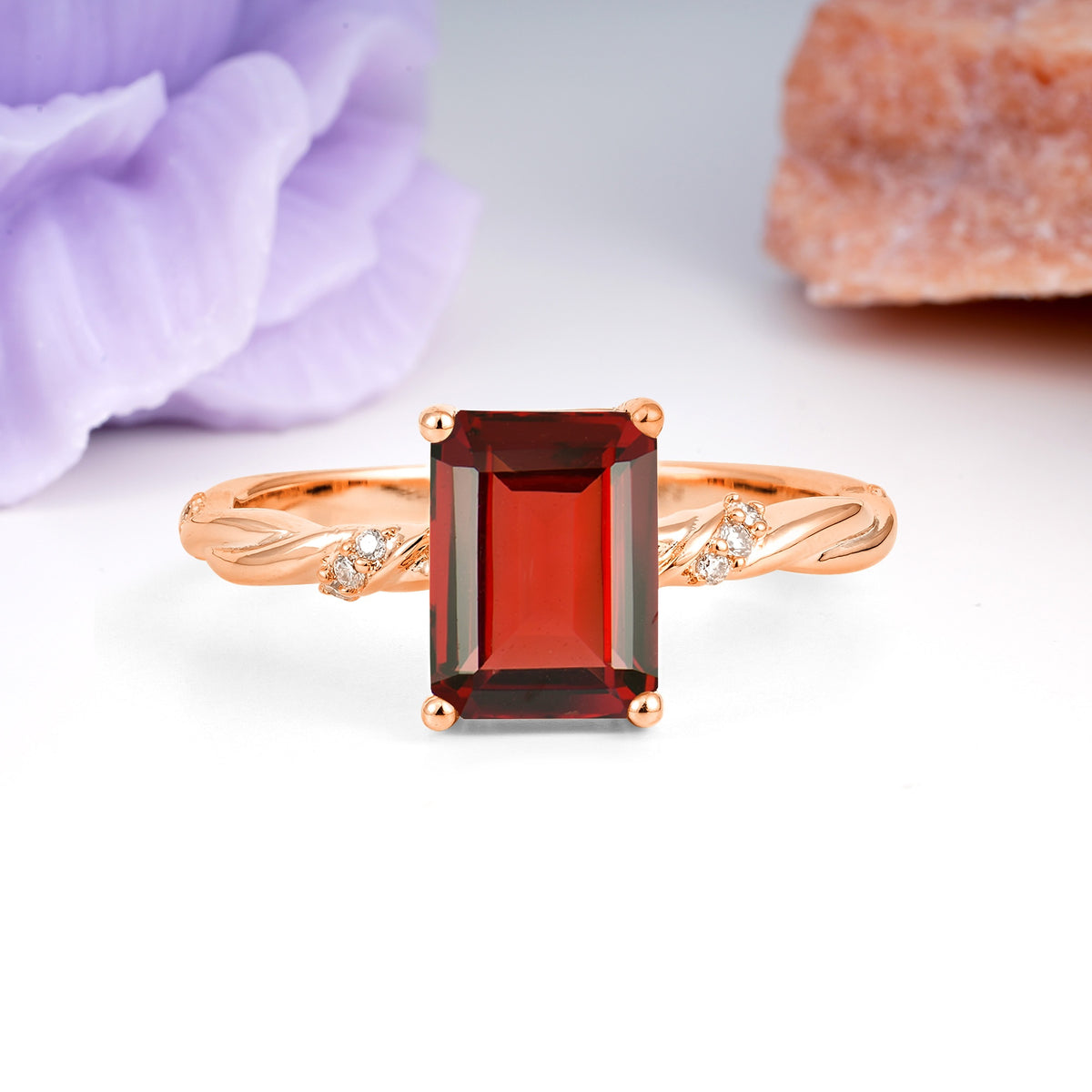 Classic Luxury Twisted 4-Prong Emerald Cut Garnet Engagement Ring - Additional view